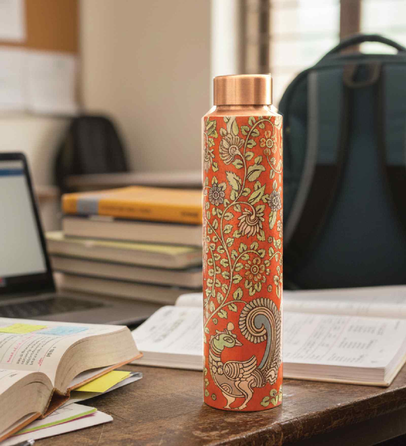 Orange Kalamkari 950ml Copper water Bottle