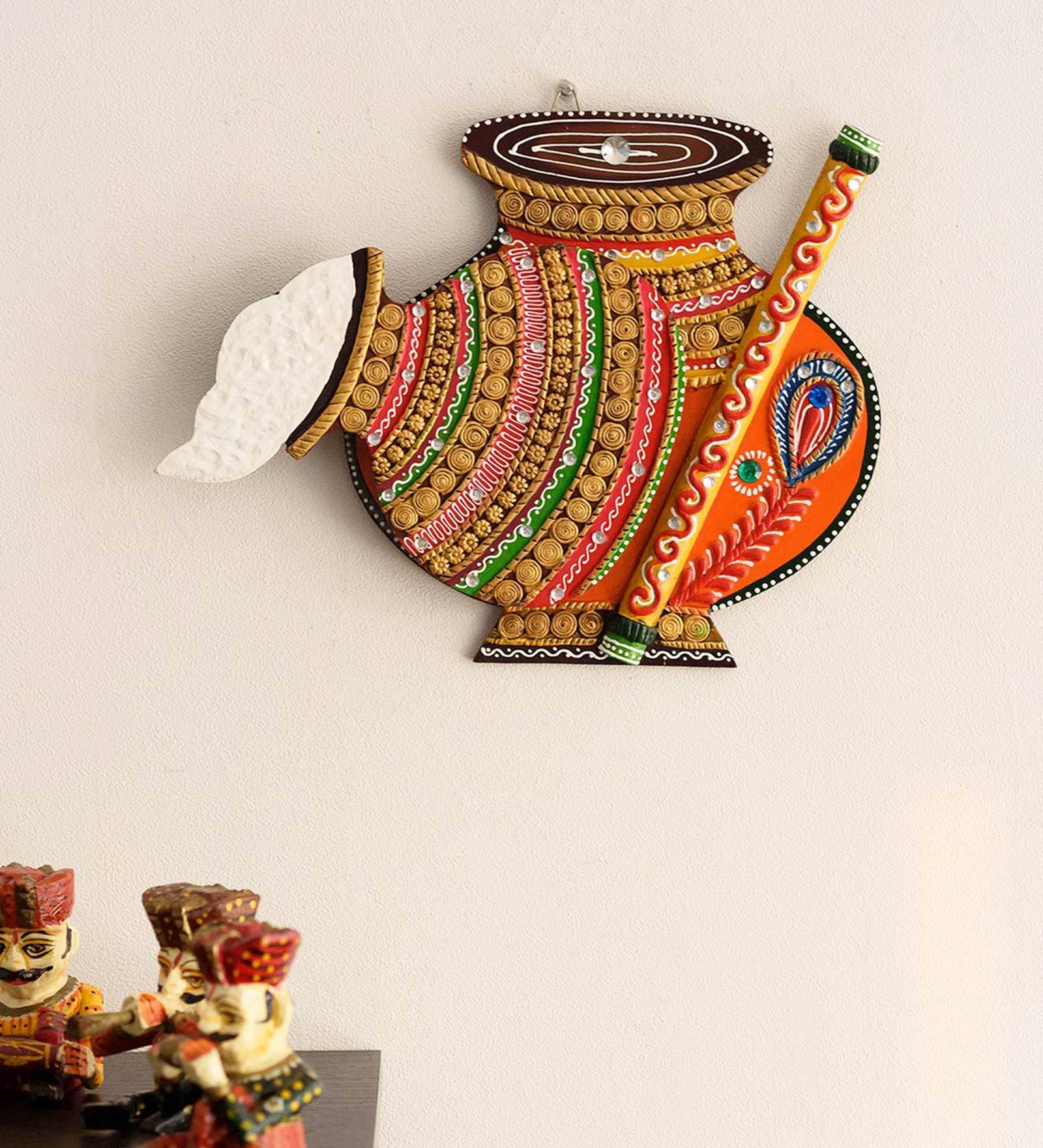Orange Makhan Matki Shape Paper Mache Wooden Wall Hanging