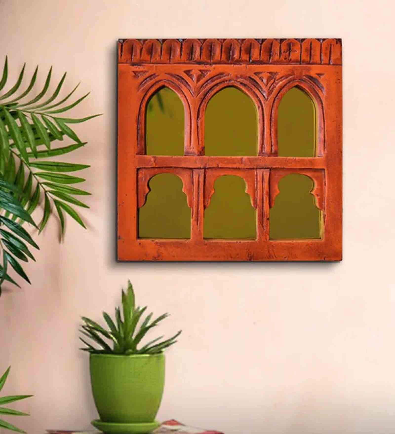 Orange Merwar Jharokha Wooden Wall Mirror