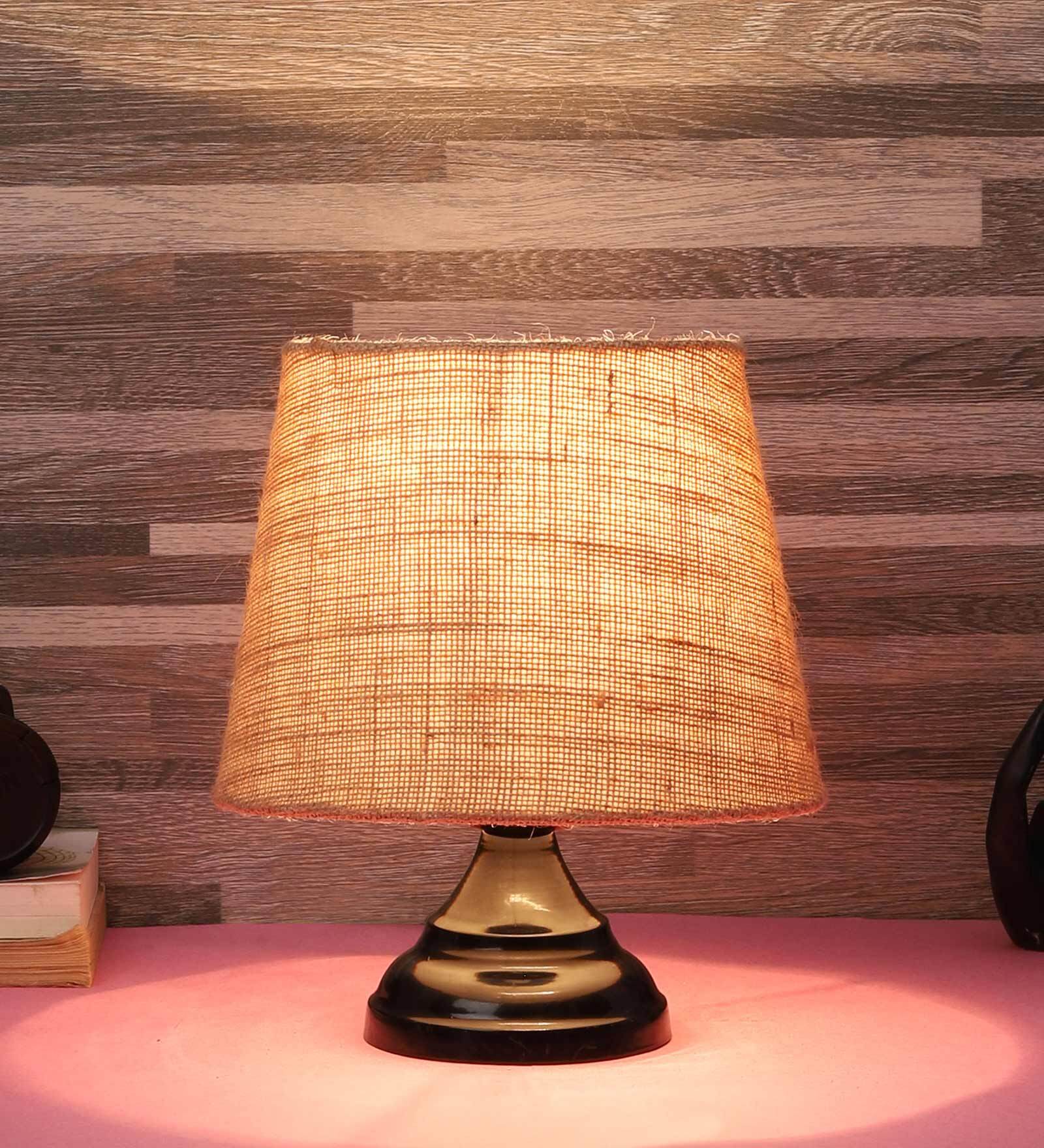 Uniquely Orange Natural Fiber Shade Night Lamp With Metal Base