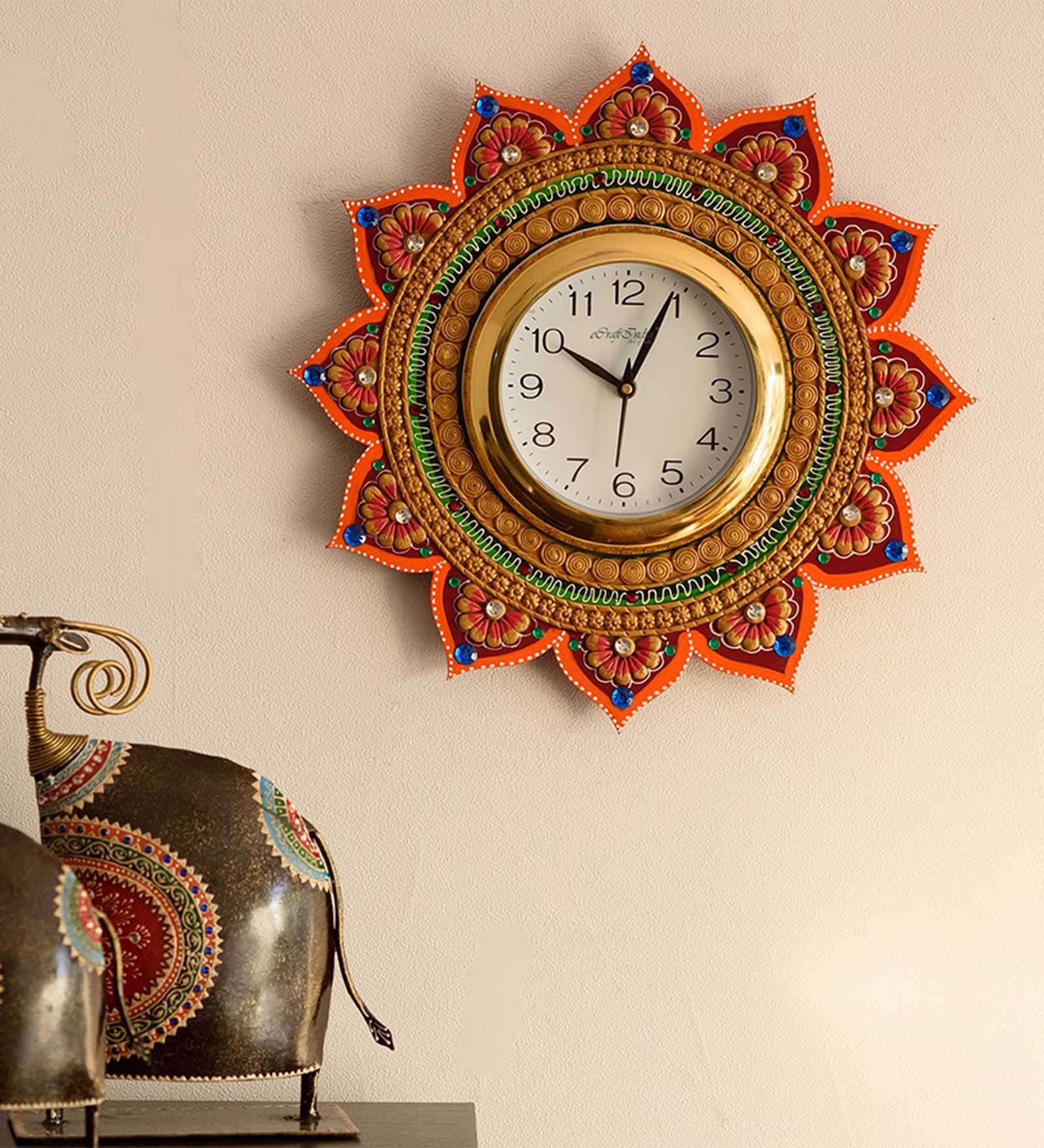 Buy Orange Paper Mache Analog Wall Clock by Ecraftindia Online