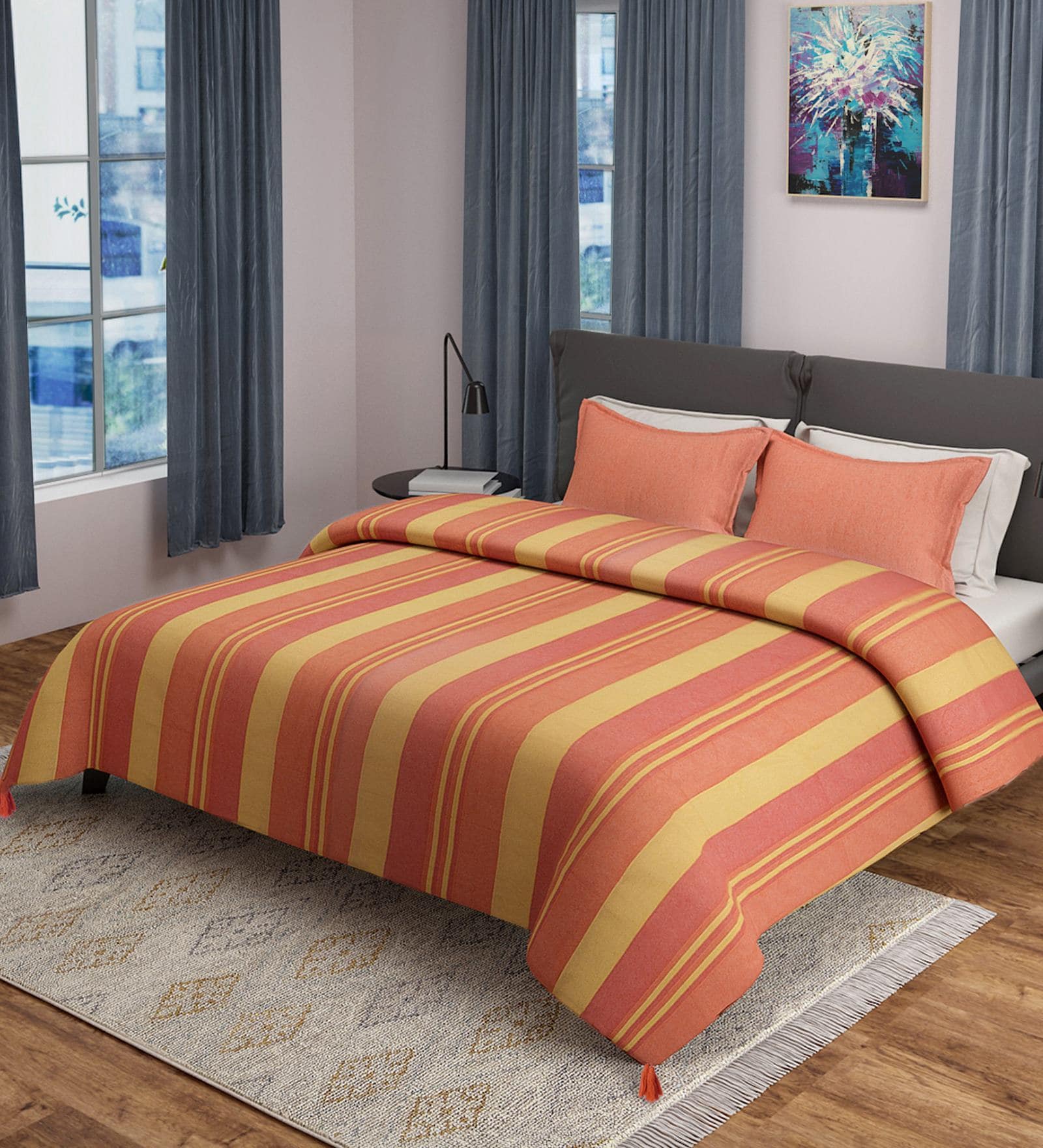 Orange Geometric 500 TC Poly Cotton Double Bed Cover with 2 Pillow Covers