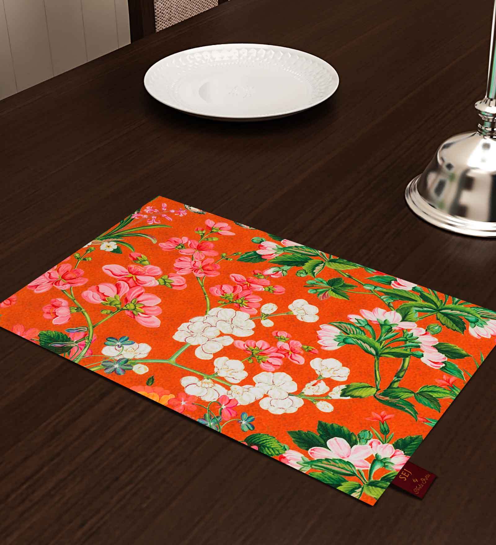 Buy Floral (12x18) Orange & White Poly Cotton (Set of 6) Placemat at 74