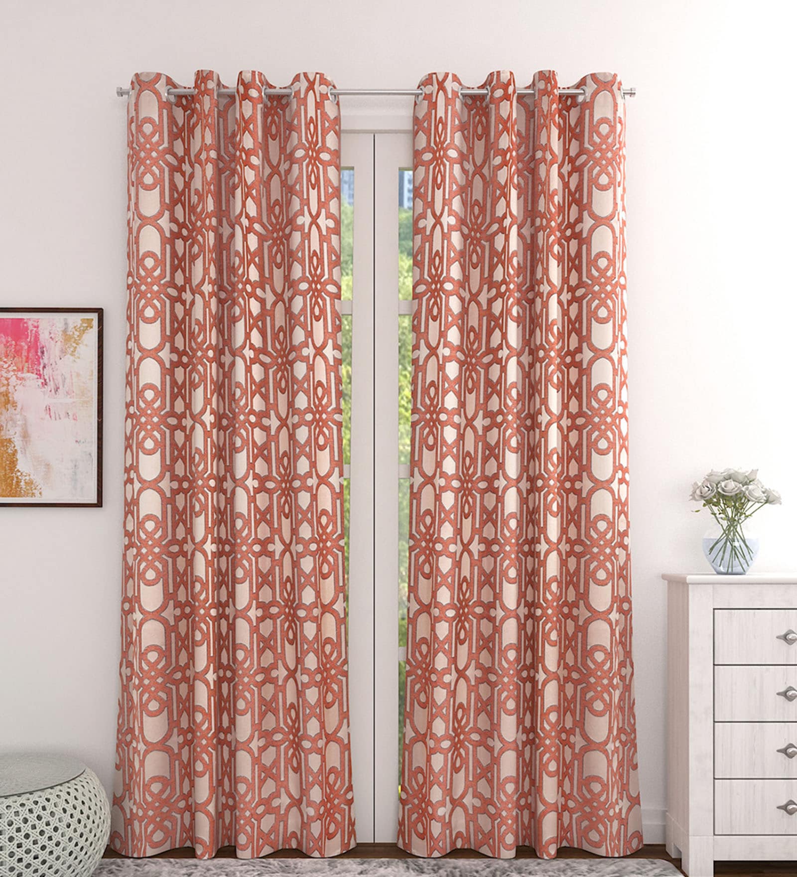 Orange Polycotton Geometric Light Filtering Eyelet 7 Feet Door Curtains (2 Pc)