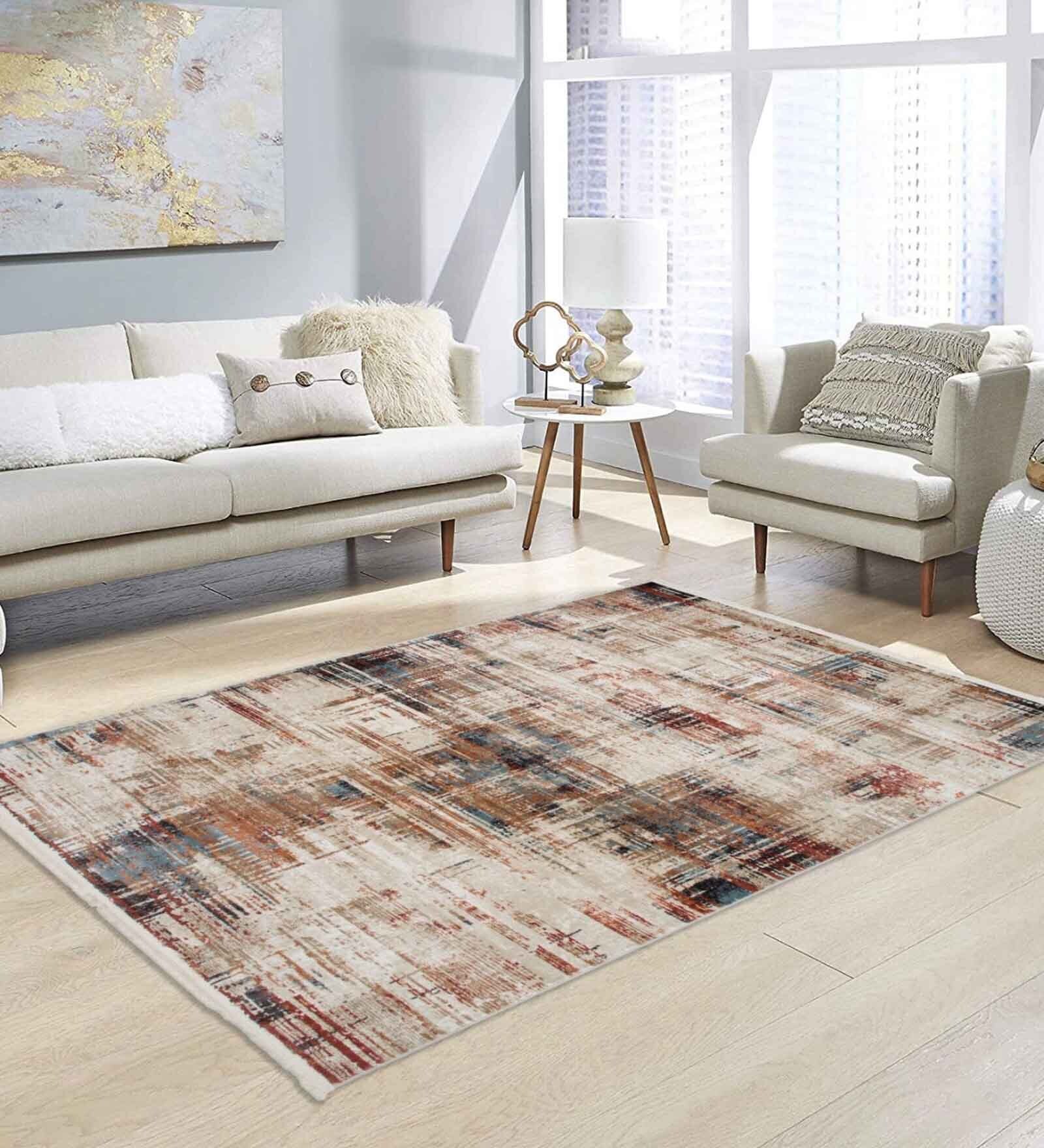 Orange Abstract Polyester 6 ft x 9 ft Machine Made Carpet