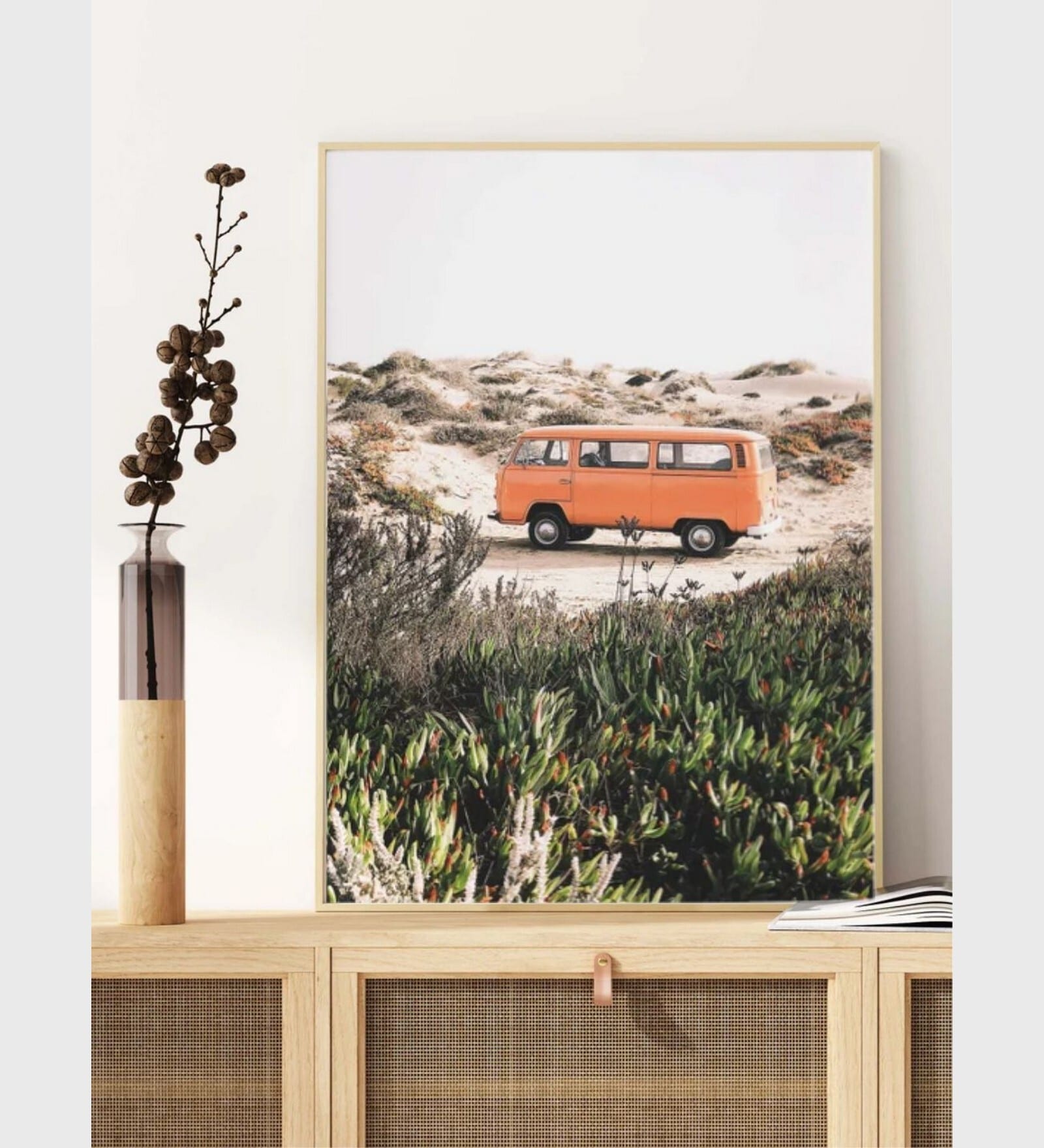 orange retro camper van in the dunes, coastal wall art