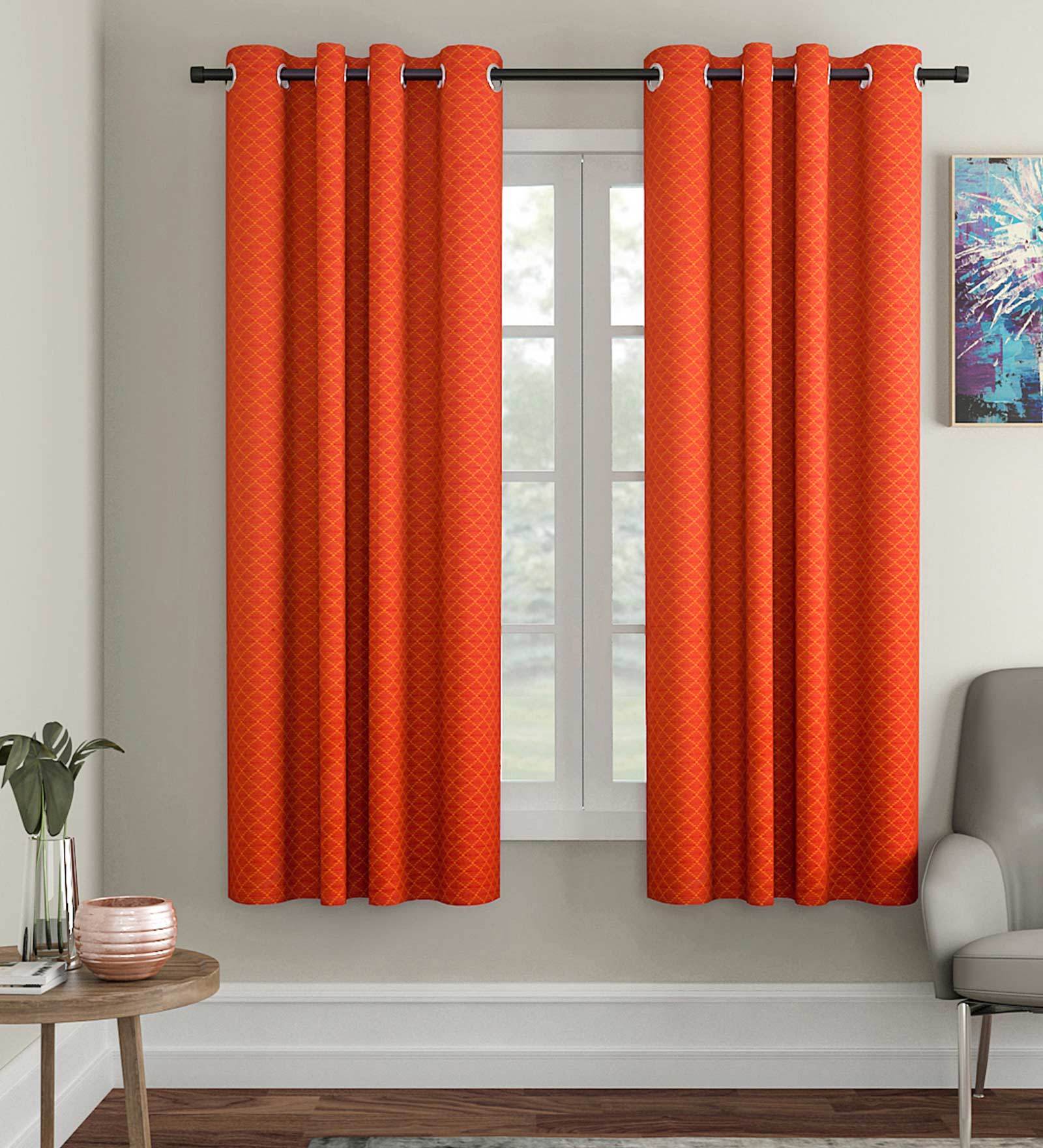 Orange Geometric Cotton 5 Ft Light Filtering Eyelet Window Curtain