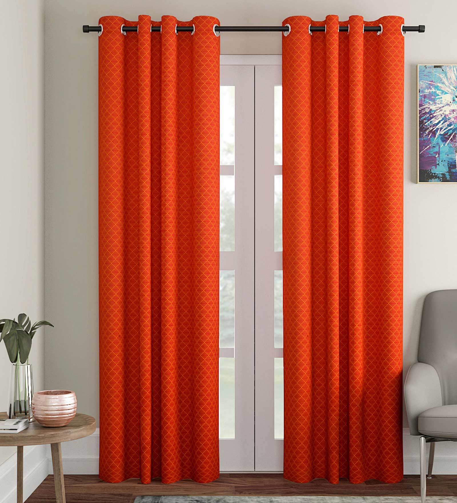 Orange Geometric Cotton 7 Ft Light Filtering Eyelet Door Curtain