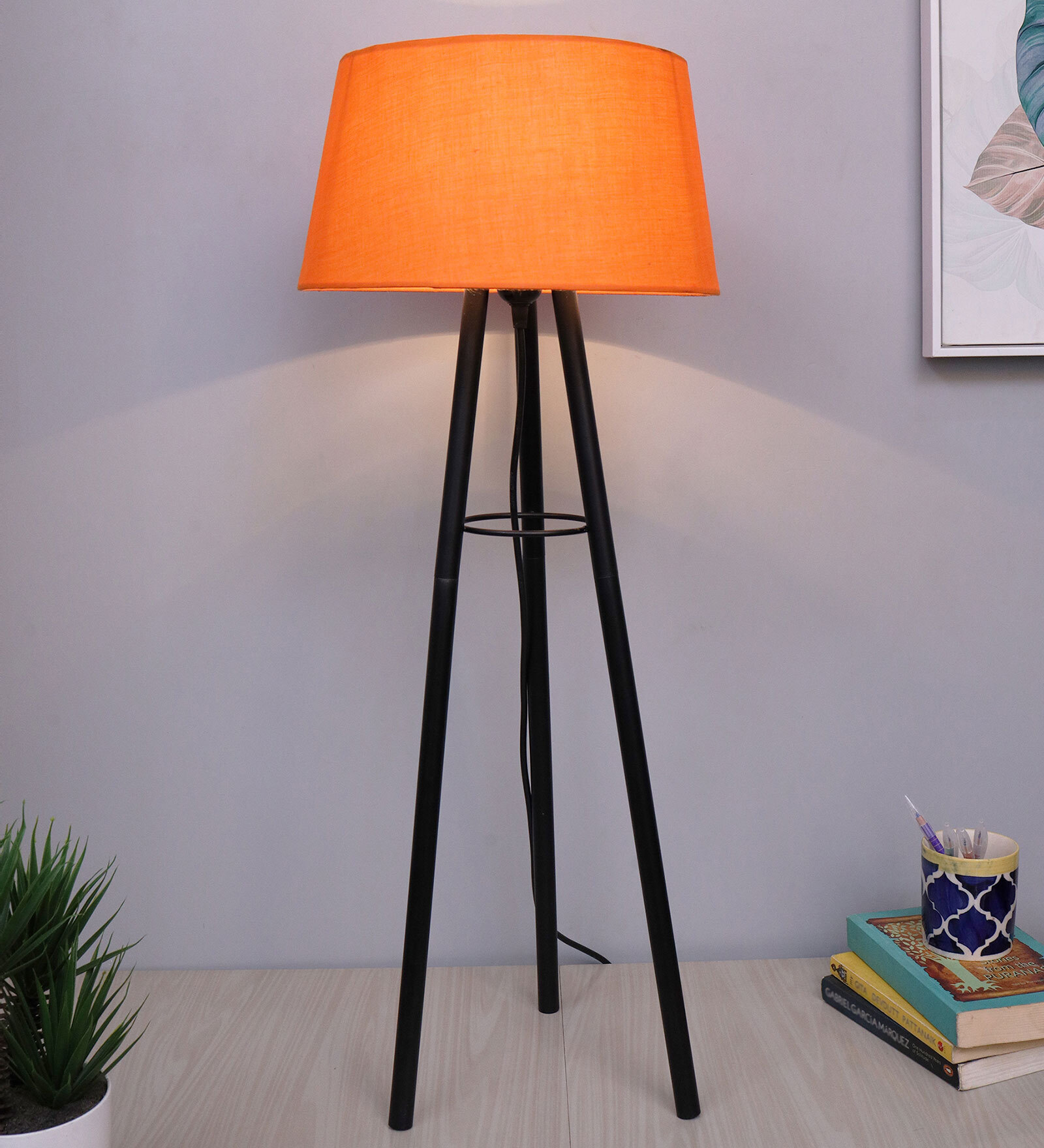 Orange Shade Table Lamp With Metal Base