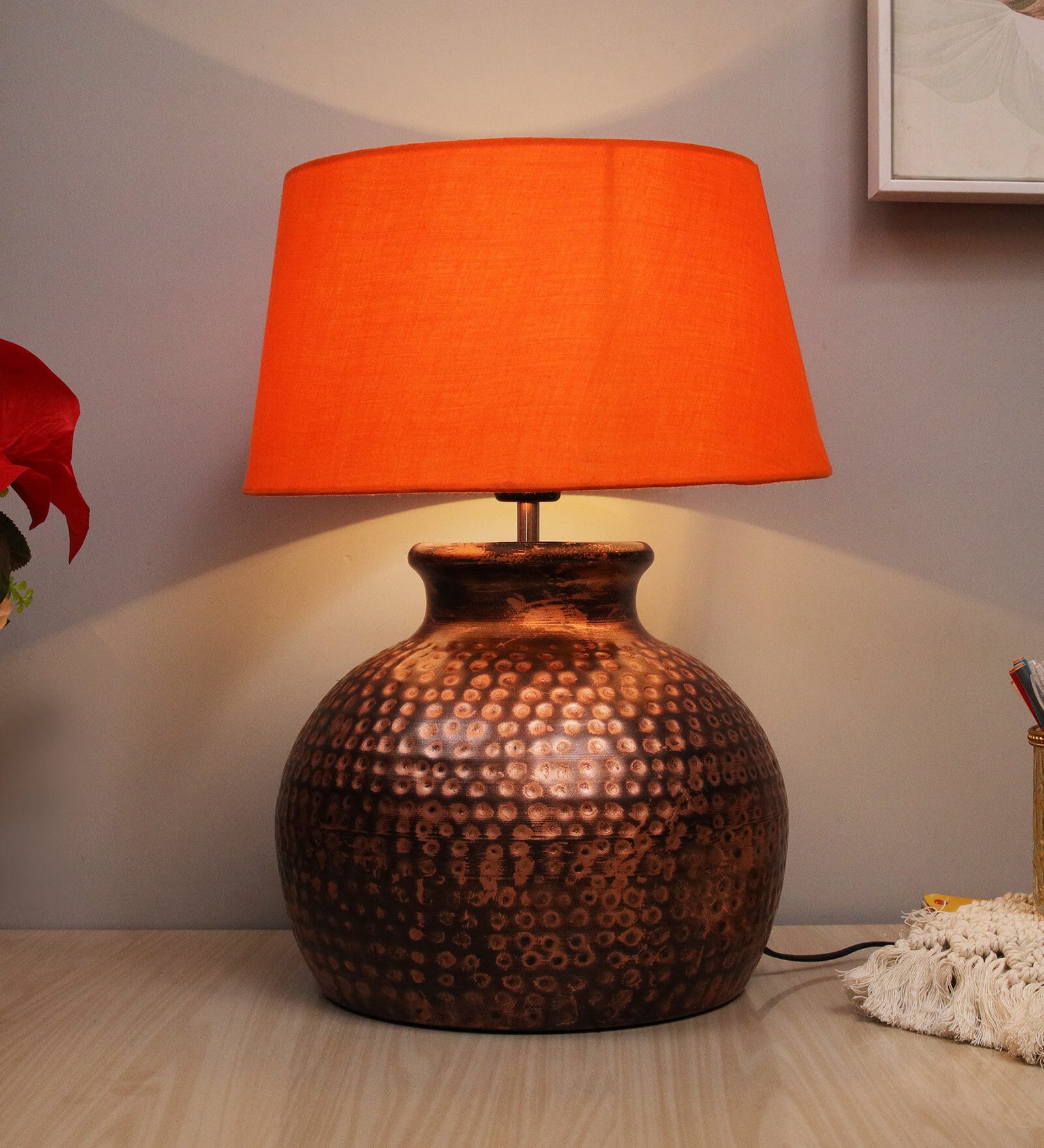 Orange Shade Table Lamp With Metal Base