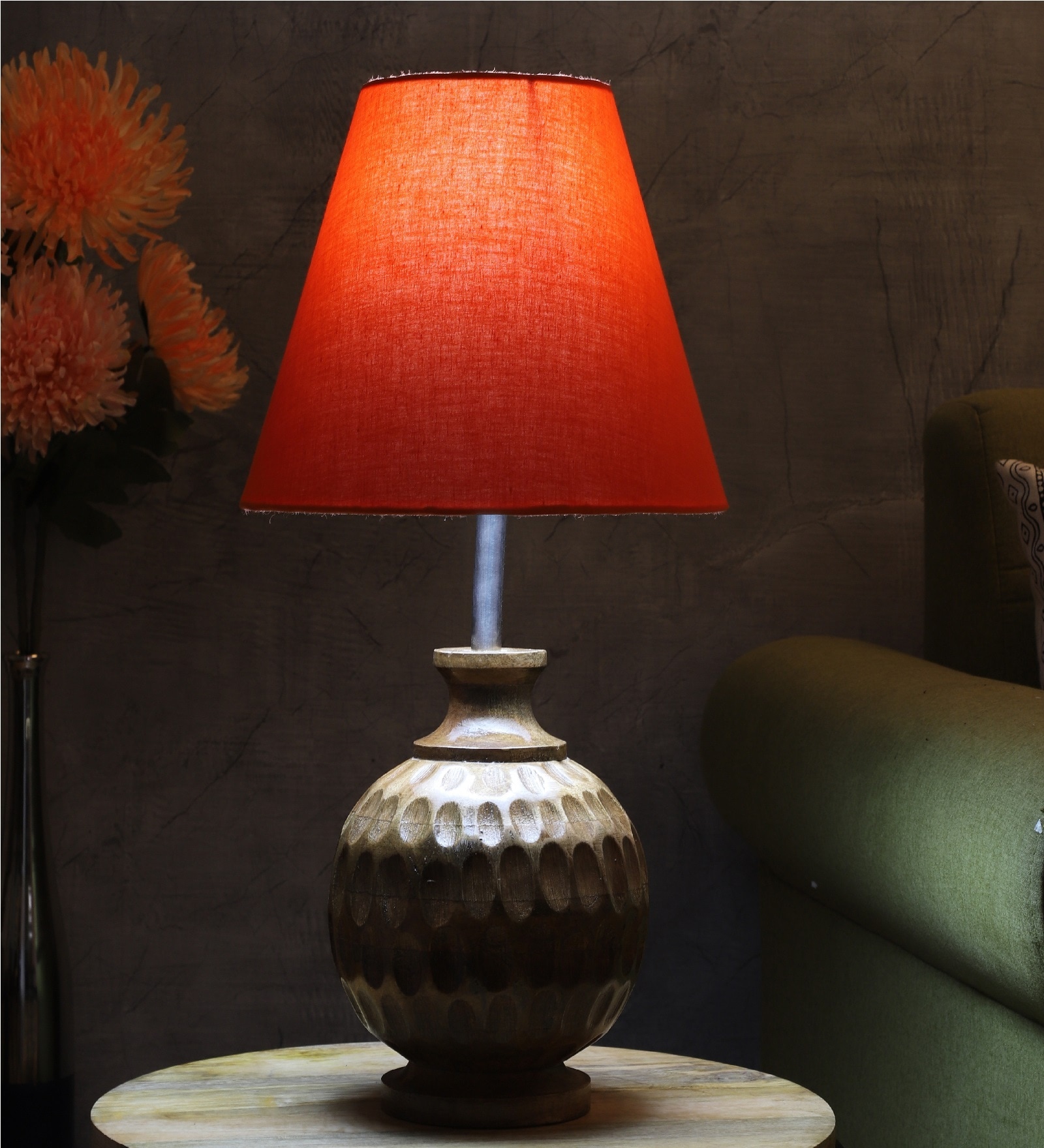 Raphael Orange Fabric Shade Night Lamp With Wood Base