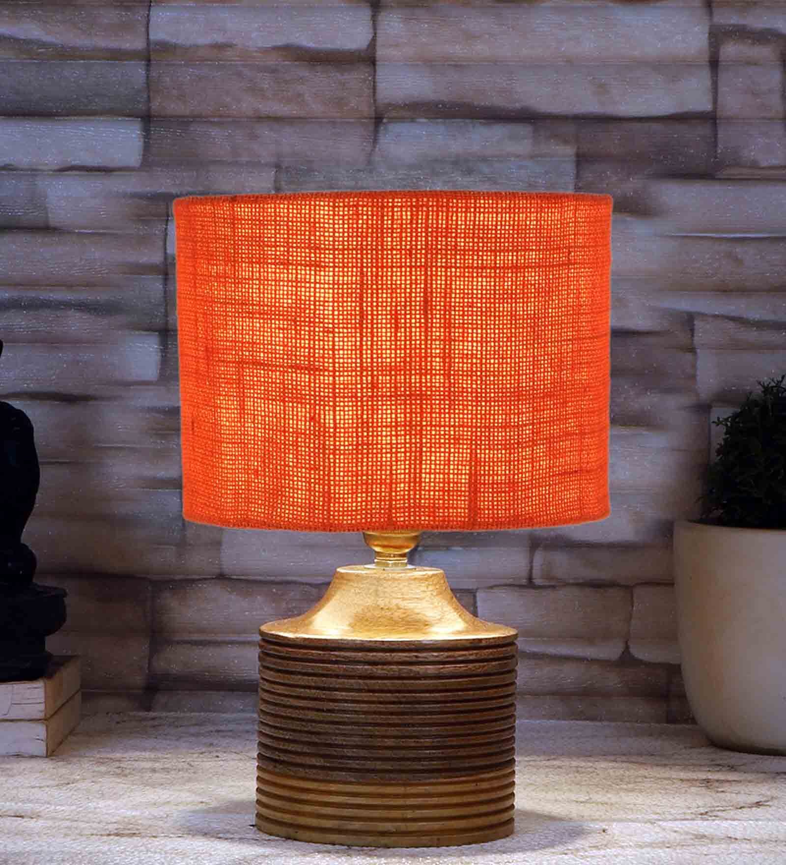 Orange Shade Table Lamp With Wood Base