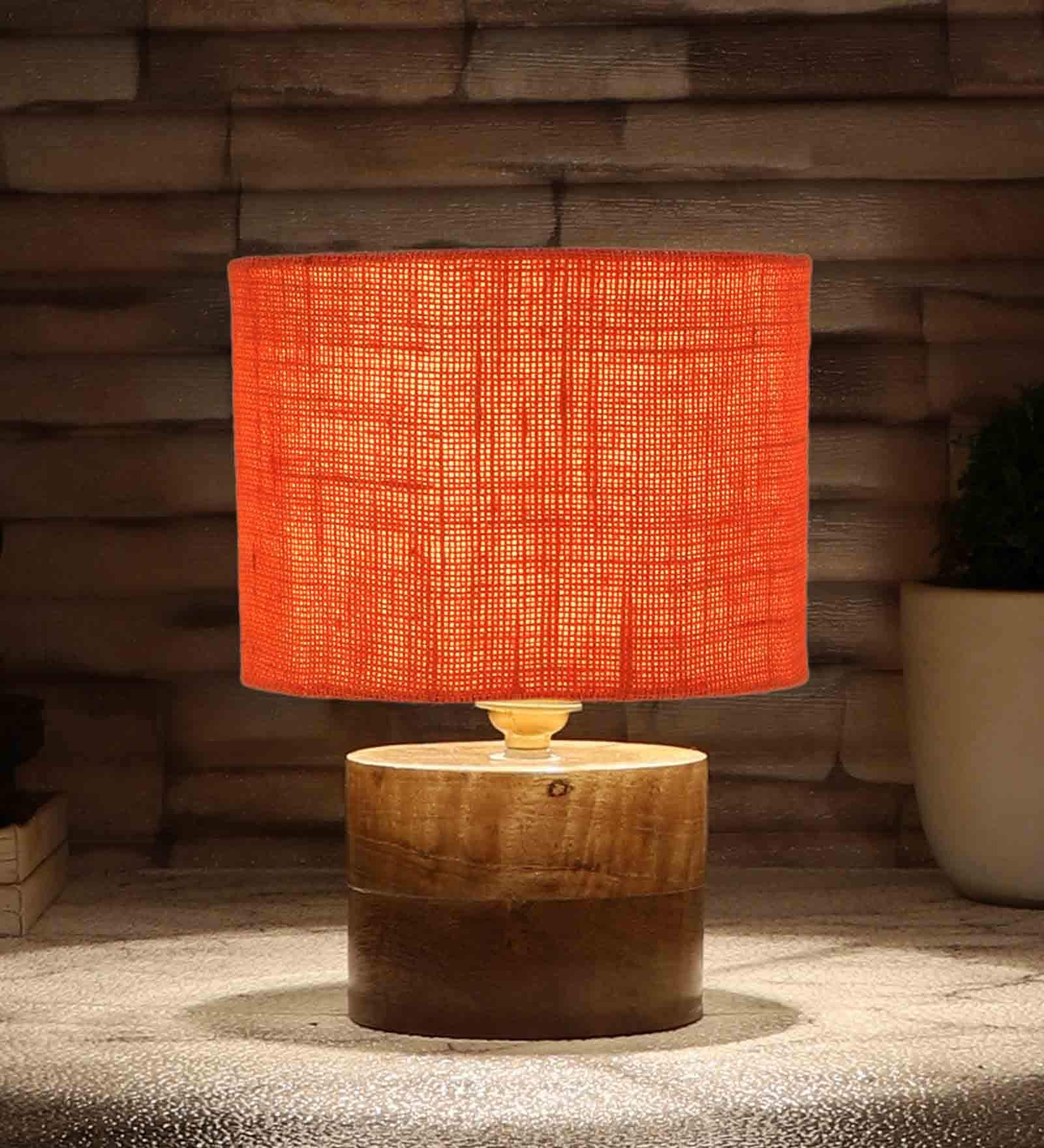 Orange Shade Table Lamp With Wood Base