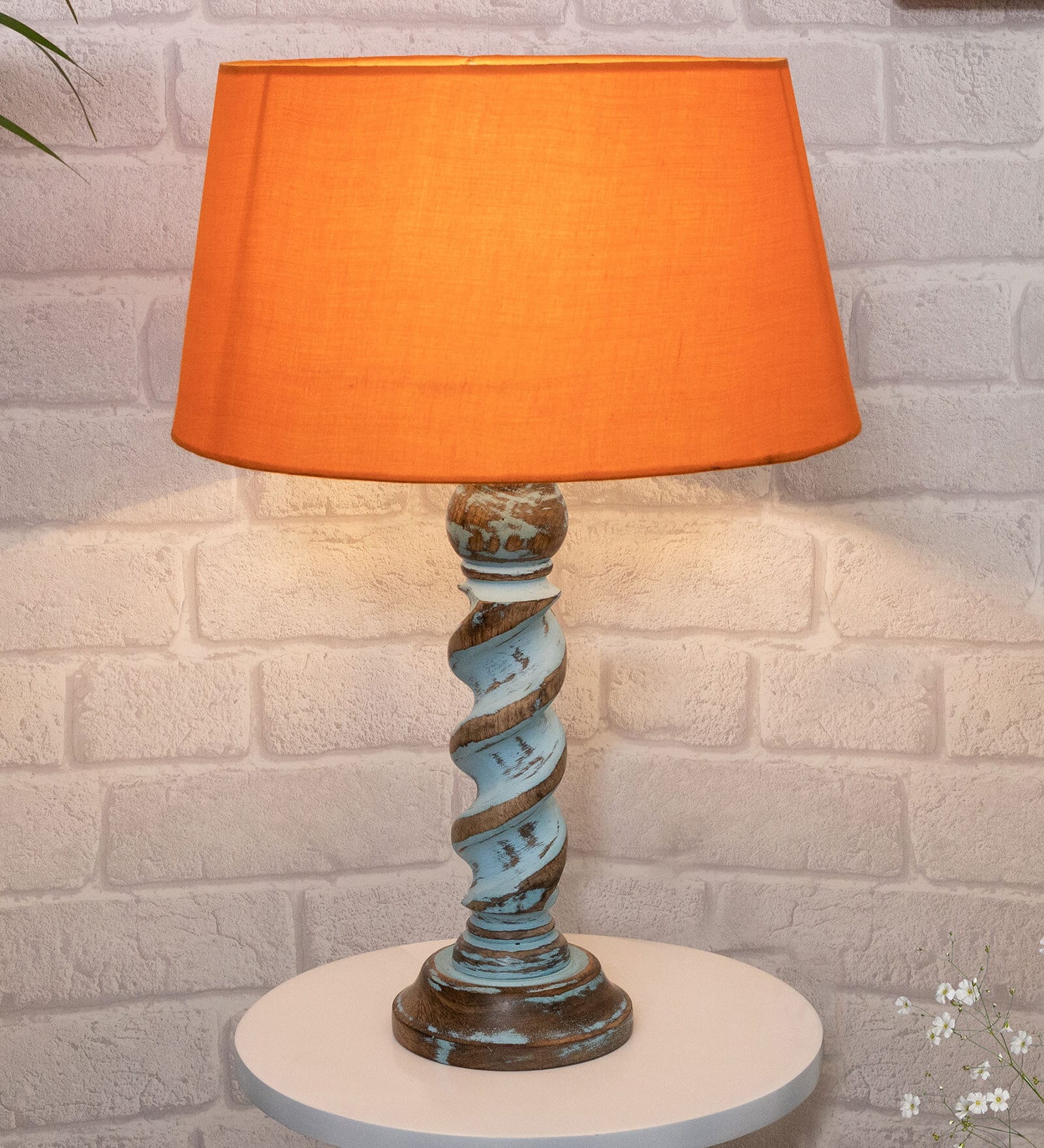 Orange Shade Table Lamp With Wooden Base
