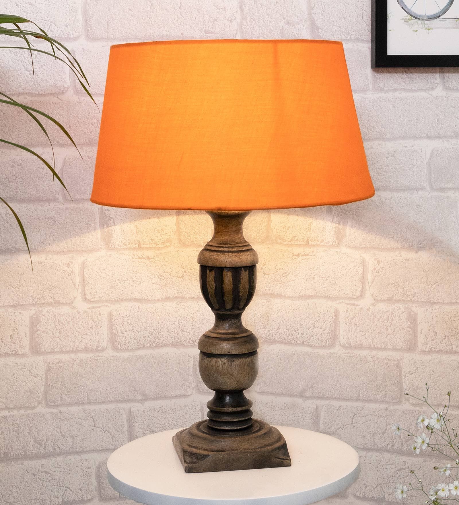 Orange Shade Table Lamp With Wooden Base