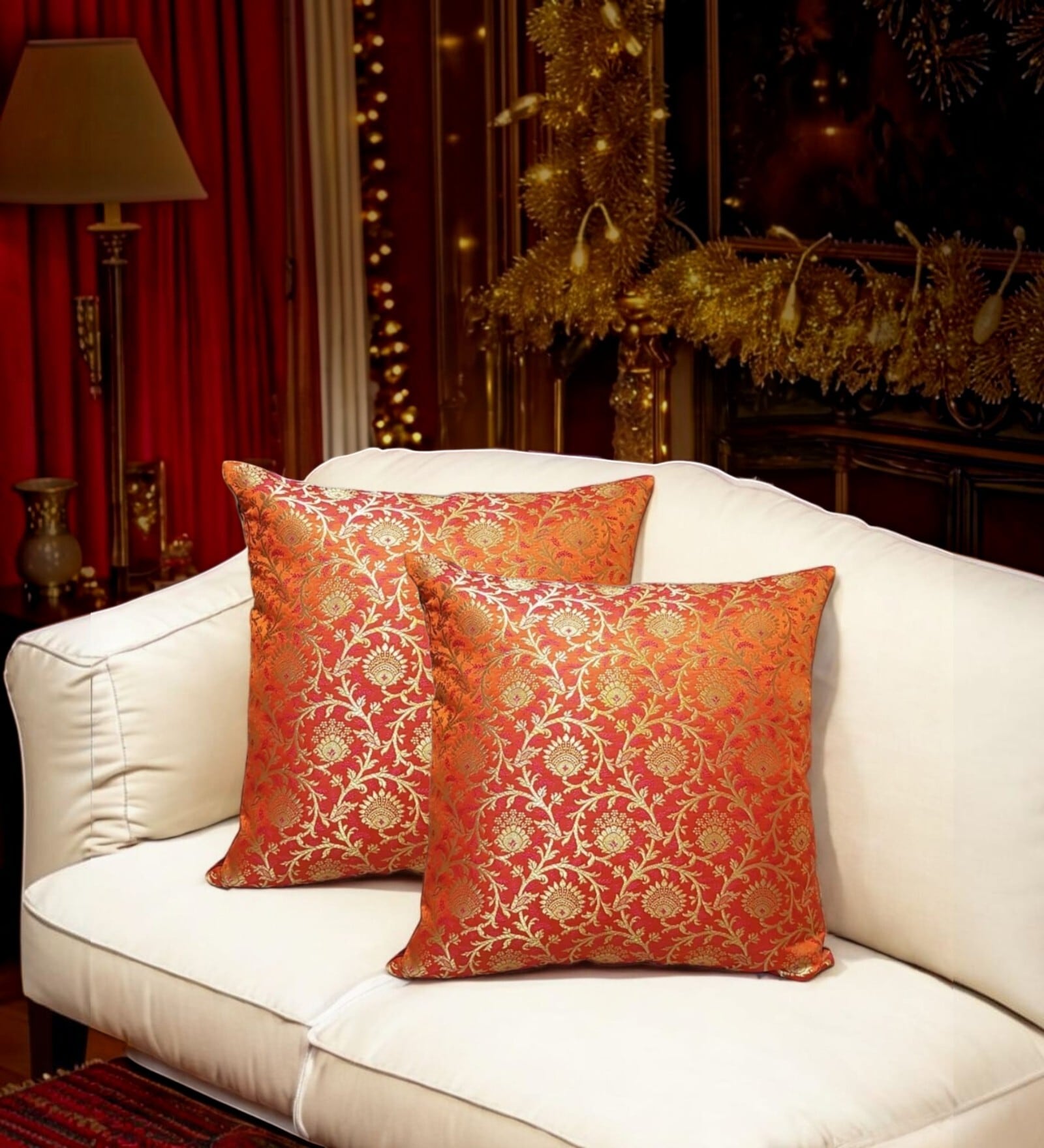 Orange Silk blend Brocade Meenakari Morpankh  16x16 inches Cushion Covers (Set of 2)