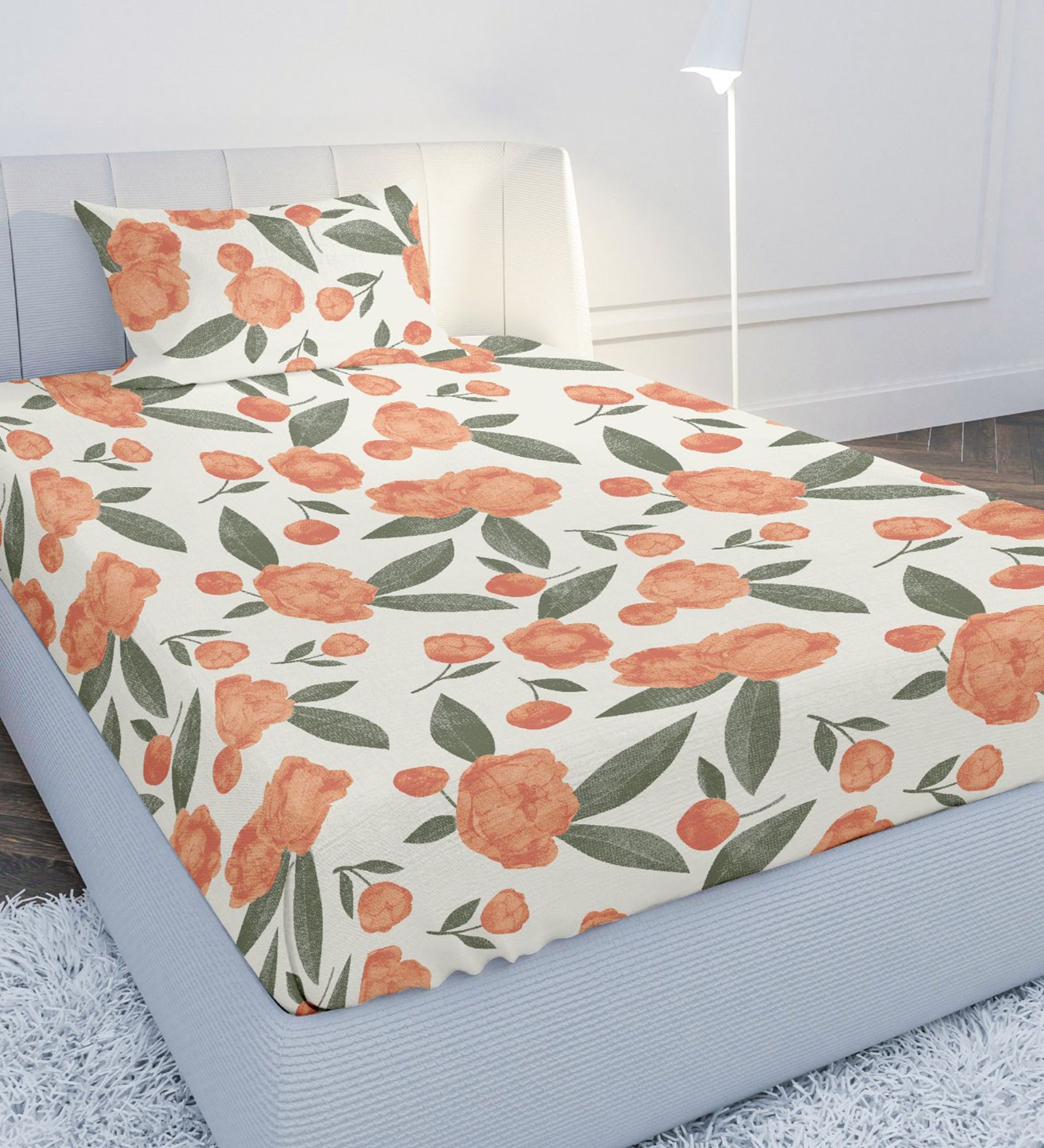 Orange Floral 144 TC Cotton Single Bedsheet with 1 Pillow Cover