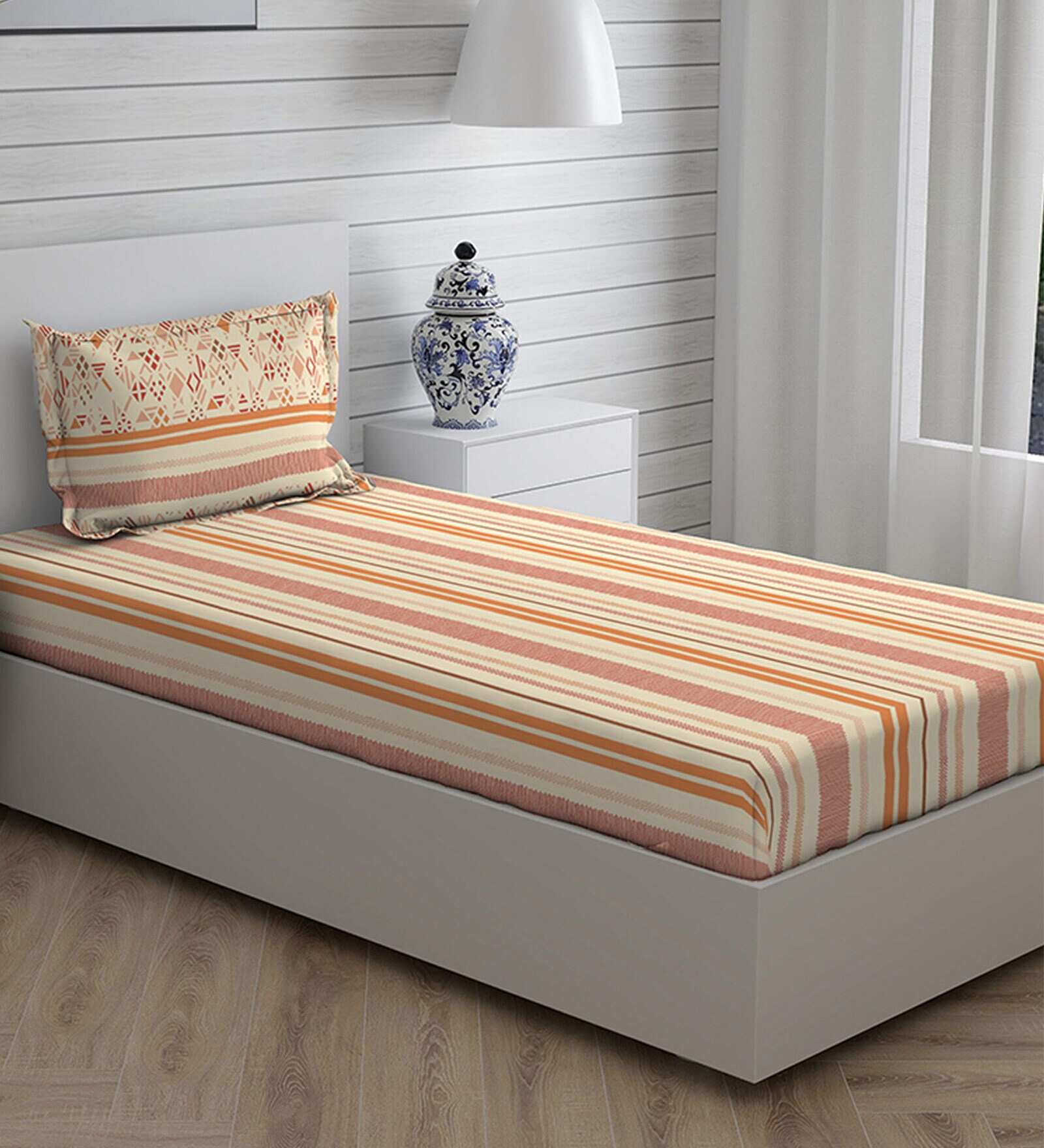Buy Orange Striped 120 TC Cotton Single Bed Sized Bed Sheets With 1 ...