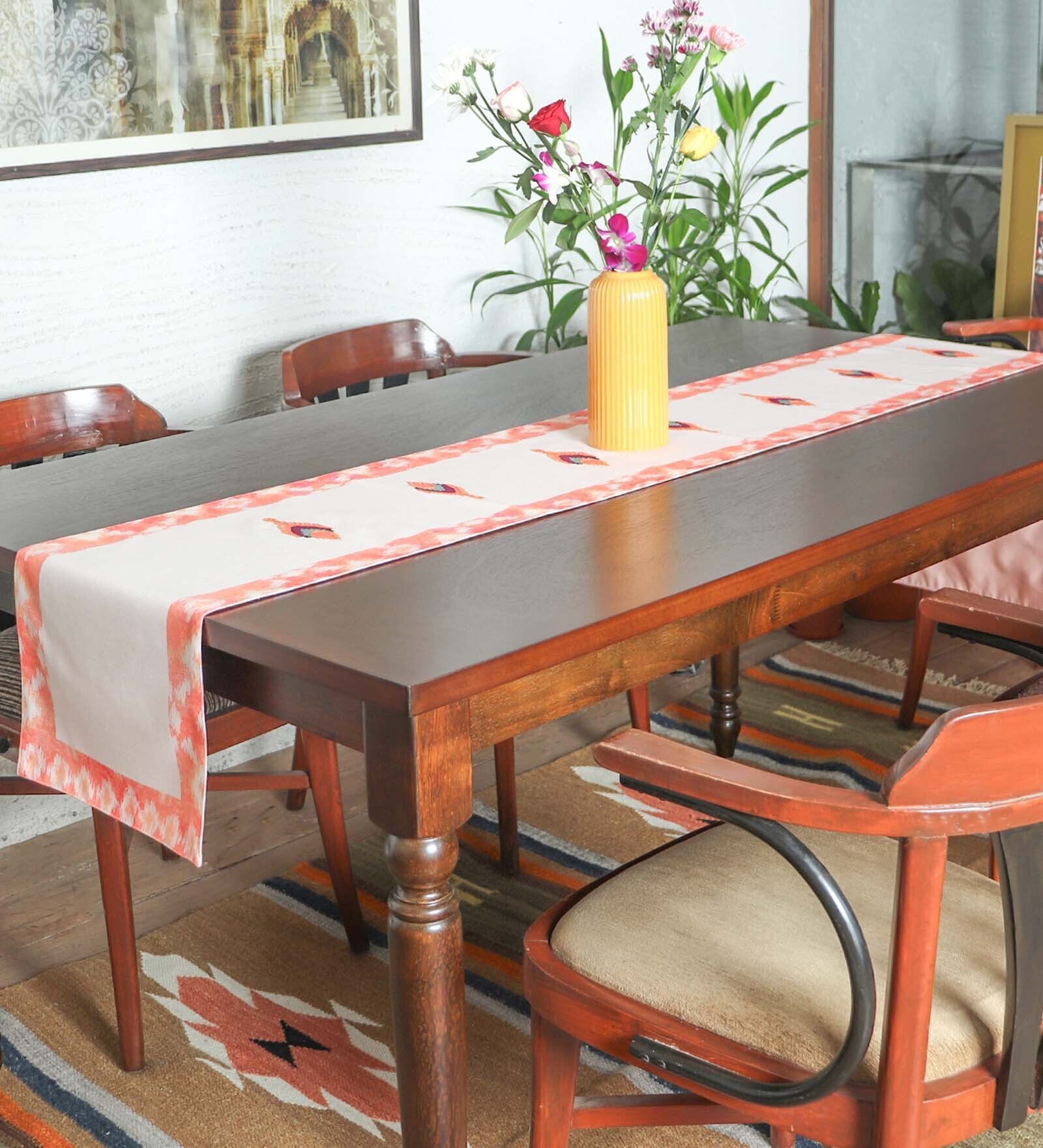 Orange Striped Polycanvas (12 x84)  Hand Embroidered Motif and Tassels Table Runner