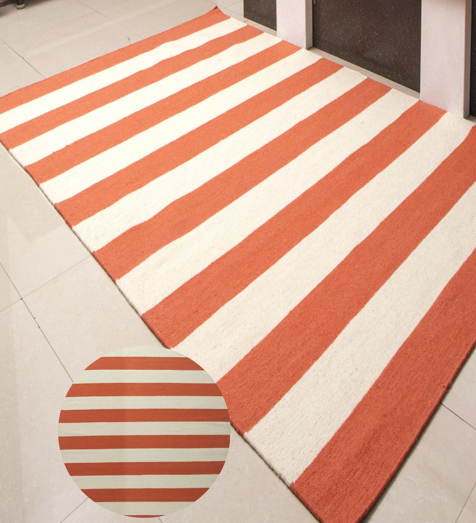 Orange Stripes Wool 7X4 Feet Hand Woven Carpet