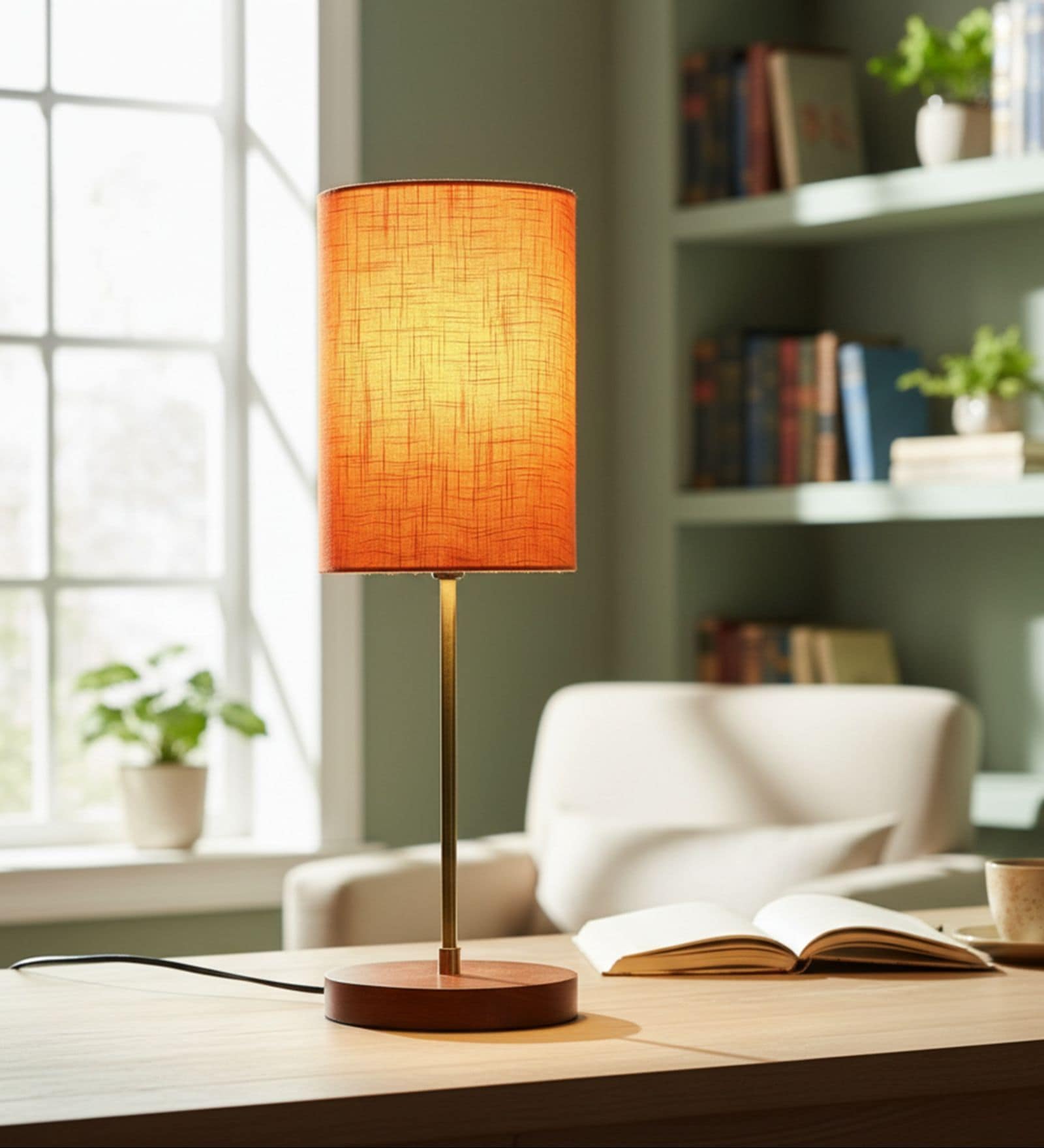 Orange Texture Cylinder Fabric Shade Table Lamp, Brown Wooden Base Bedside & Desk Light for Bedroom, Living Room & Home Decor