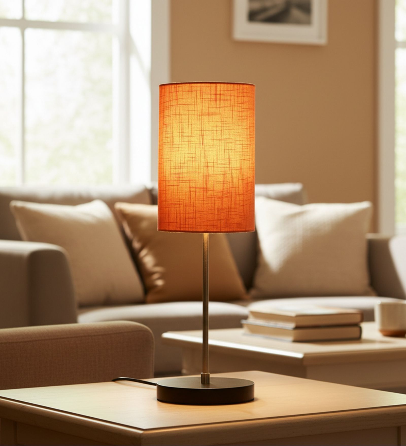 Orange Texture Cylinder Fabric Shade with Modern Silver & Black Table Lamp for Bedroom & Living Room