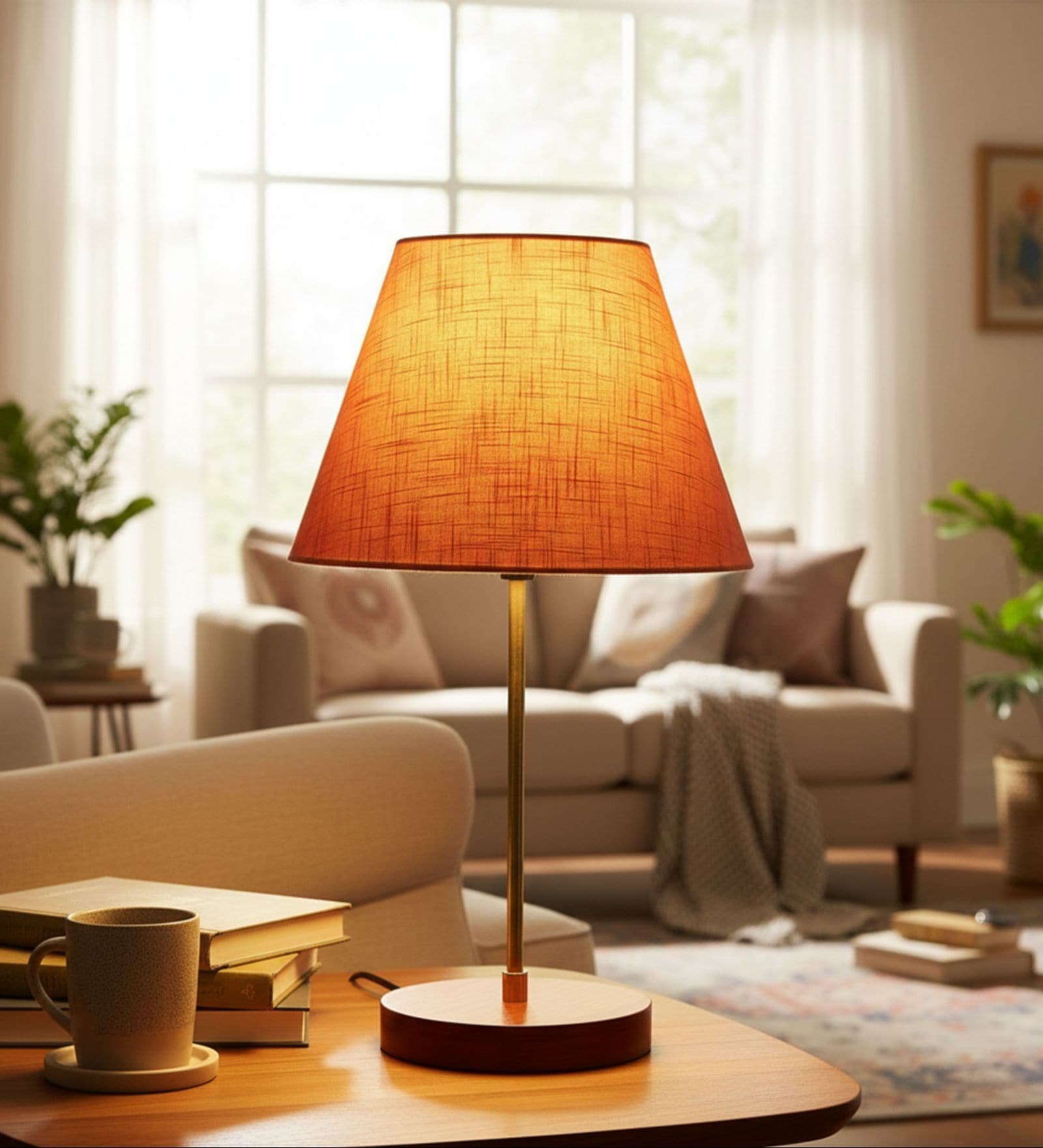 Orange Texture Fabric Shade Table Lamp, Brown Wooden Base Bedside & Desk Light for Bedroom, Living Room & Home Decor