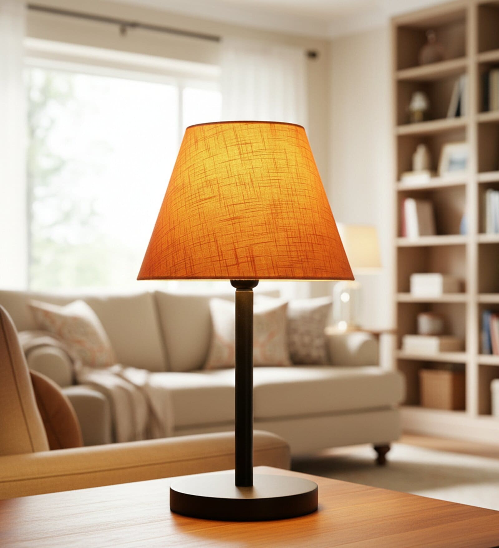 Orange Texture Fabric Shade Table Lamp, Minimalist Bedside Lamp with Metal Base for Bedroom, Living Room & Study