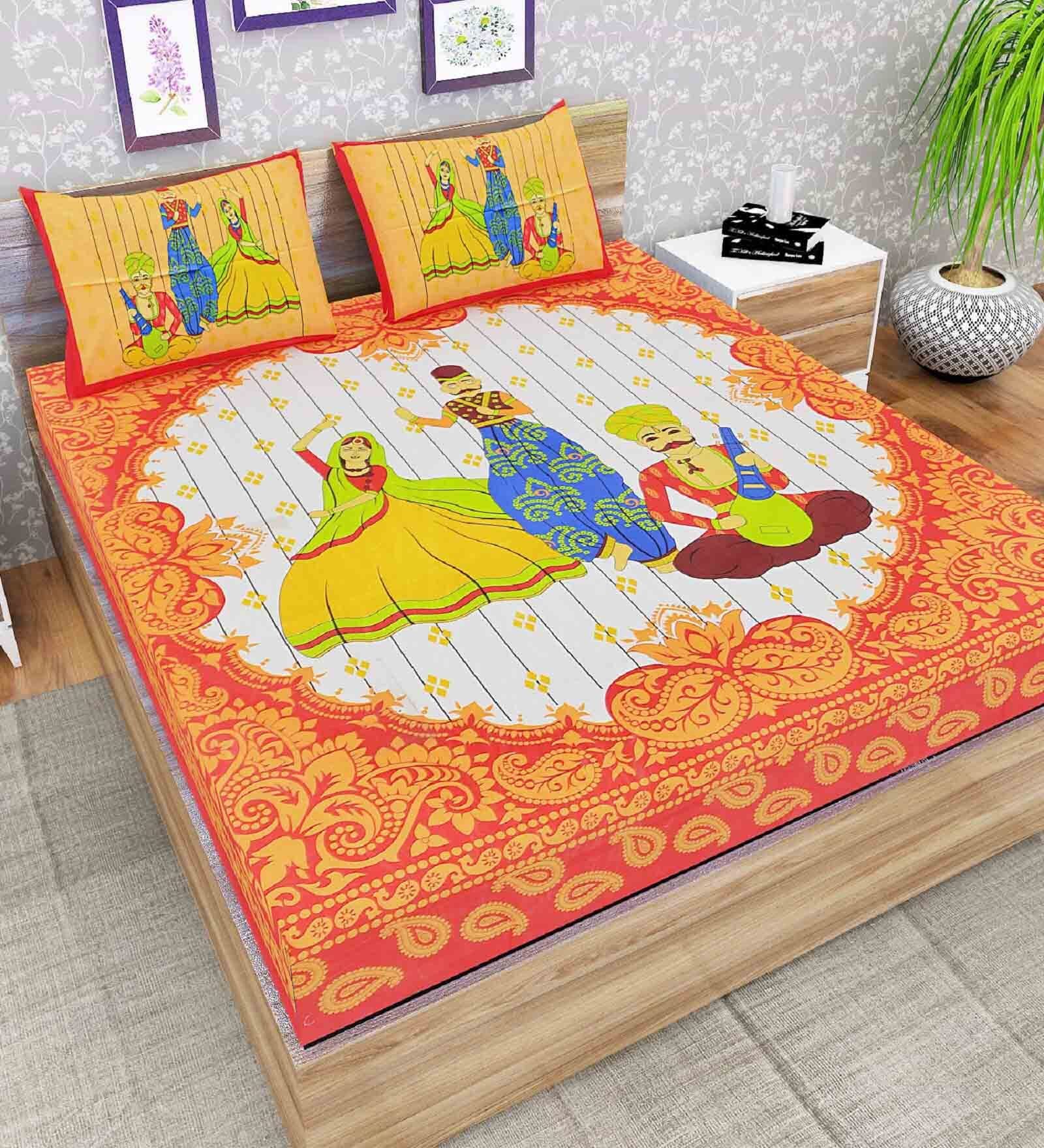 Orange Traditional 120 TC 100% Cotton Queen Bedsheet With 2 Pillow Covers