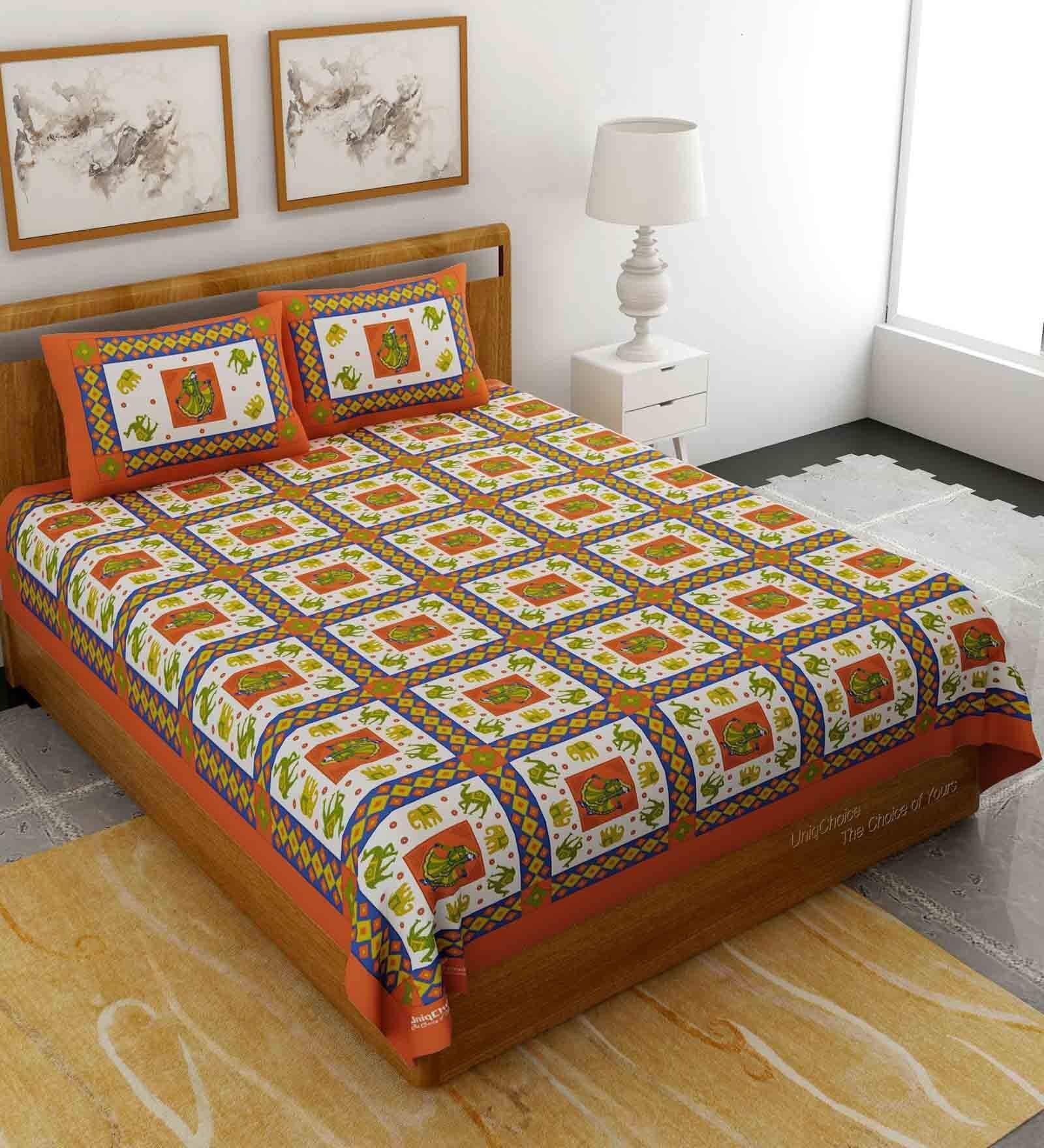 Orange Traditional 120 TC 100% Cotton Queen Bedsheet With 2 Pillow Covers