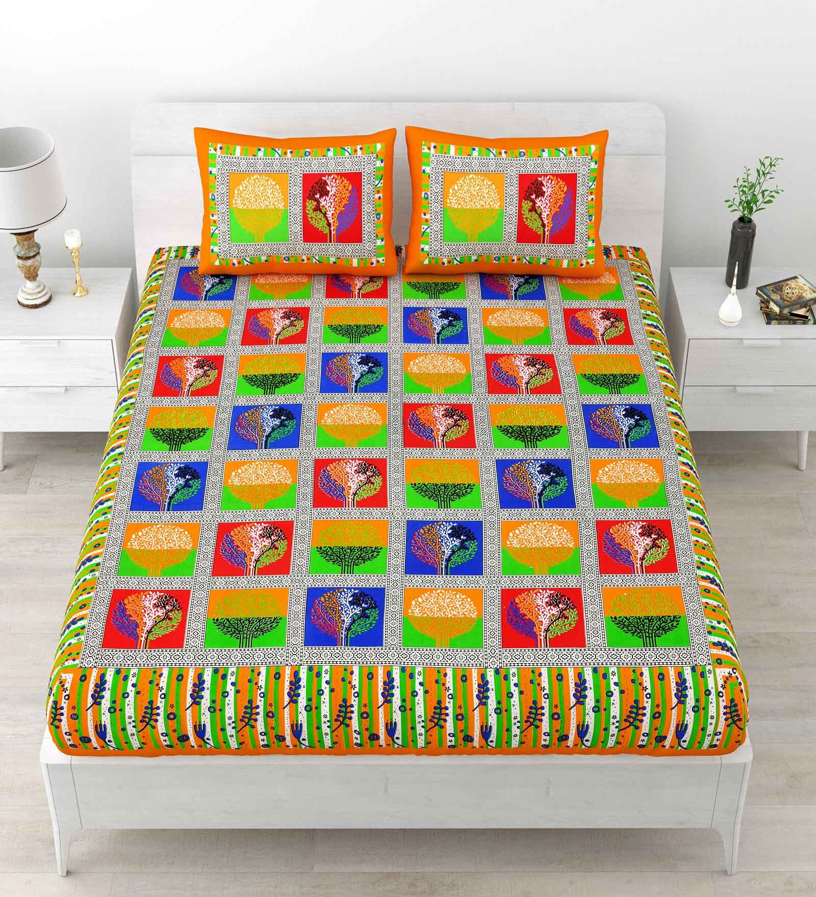 Orange Abstract 120 TC Cotton Queen Sized Bedsheet with 2 Pillow Cover