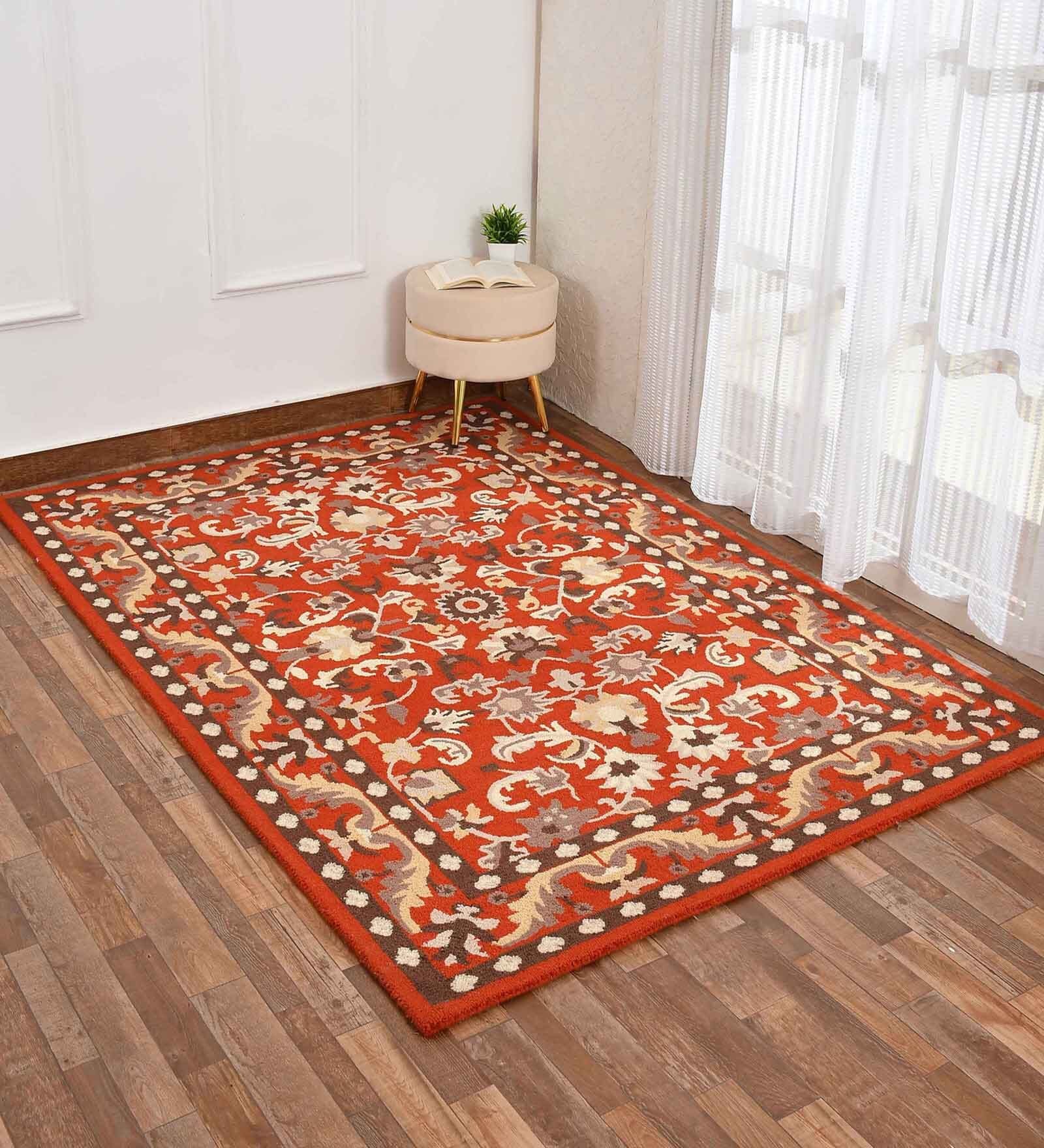Orange Traditional Wool 5 ft x 7 ft Hand Tufted Carpet