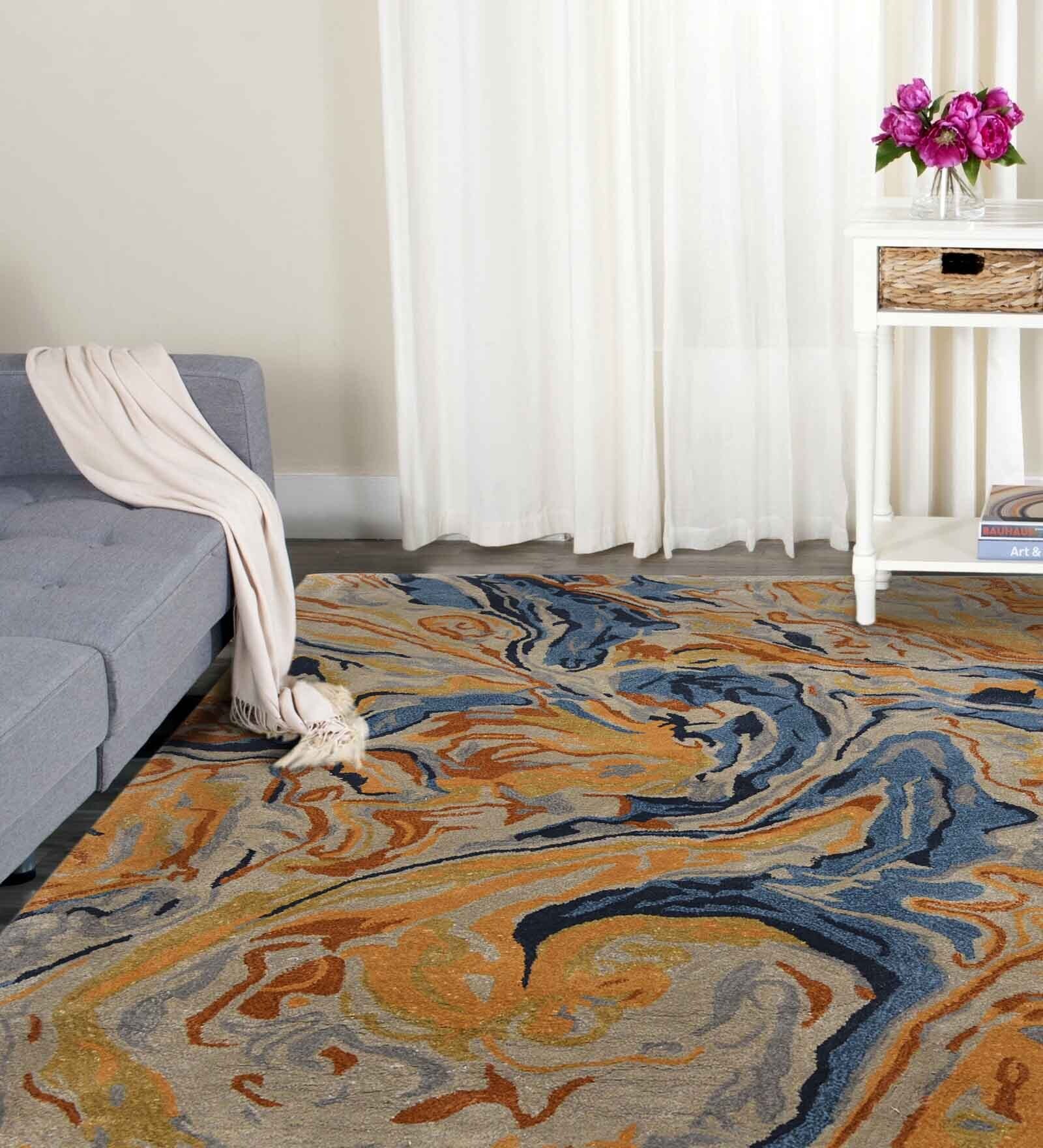 Blue Abstract Viscose 4 ft x 6 ft Hand Tufted Carpet