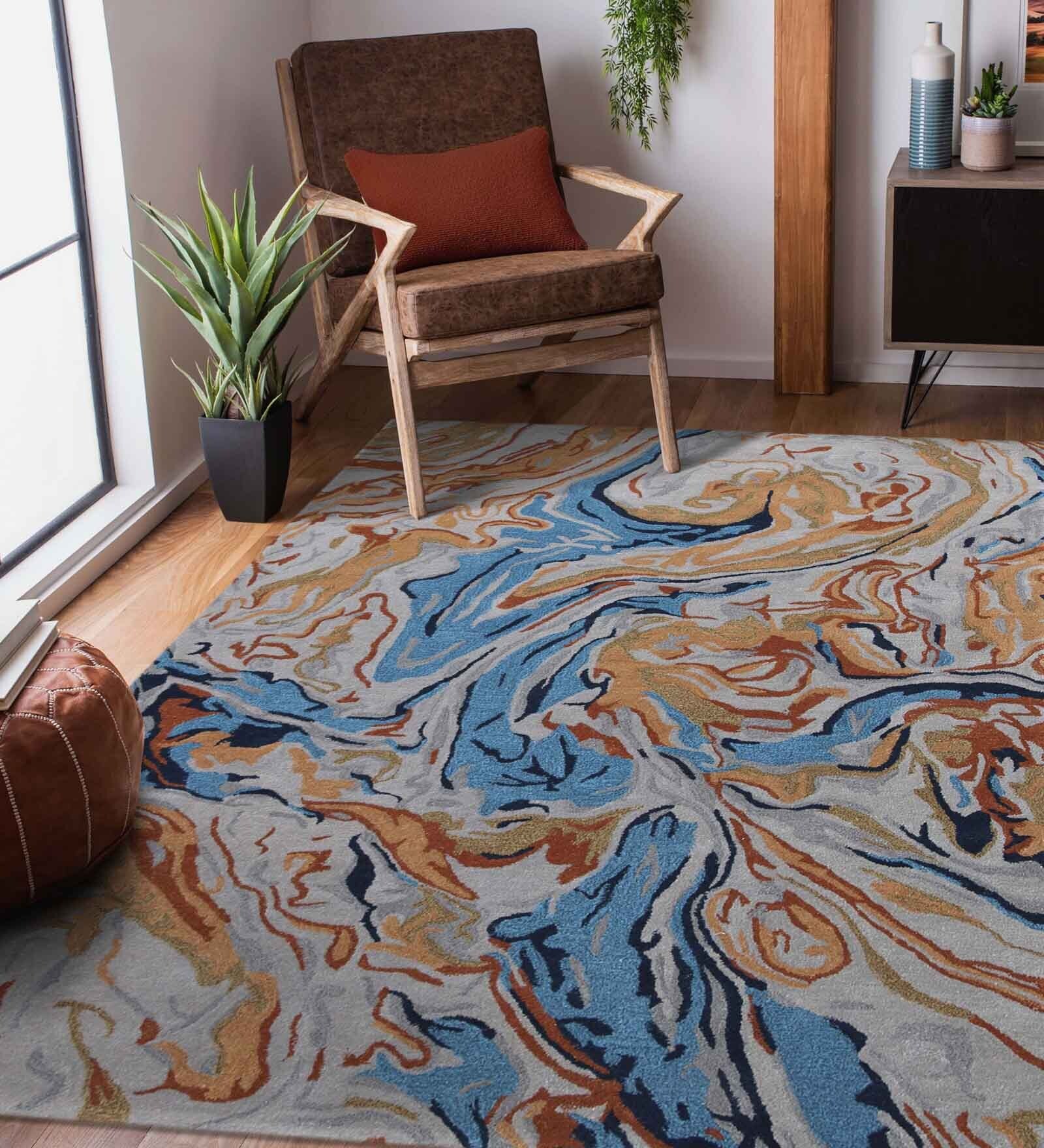 Blue Abstract Viscose 5 ft x 7 ft Hand Tufted Carpet