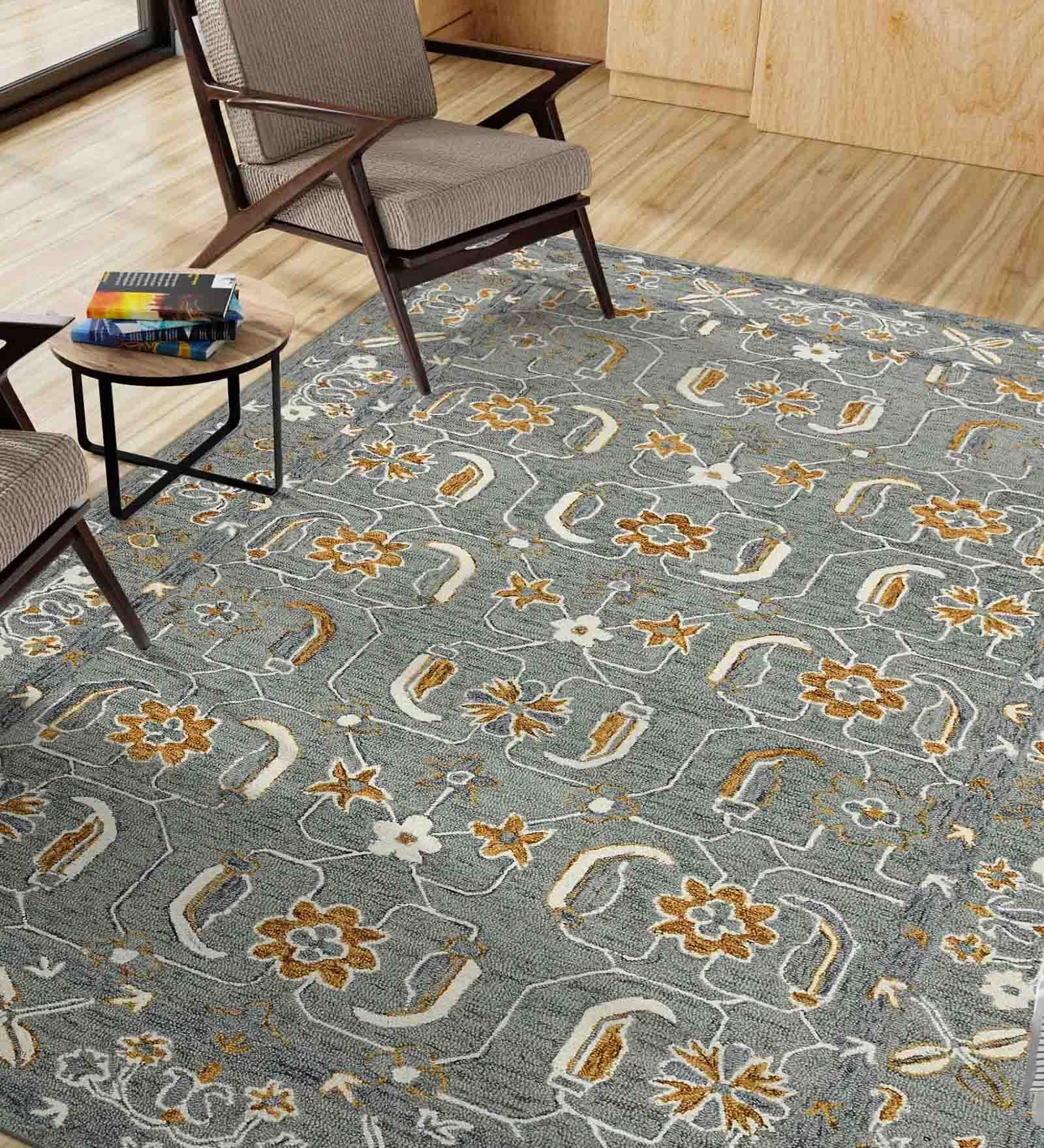 Grey Floral Wool 8 ft x 10 ft Hand Tufted Carpet