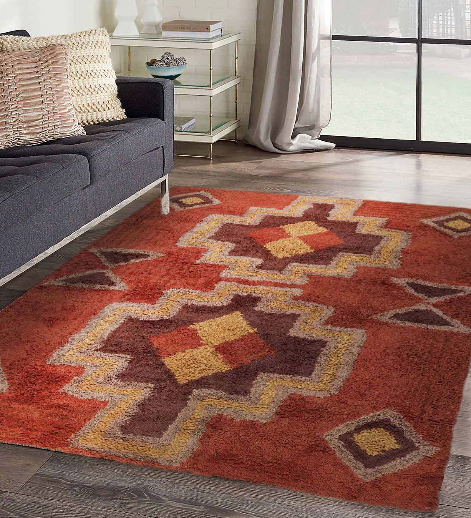 Orange Geometric Wool 8 ft x 10 ft Hand Tufted Carpet
