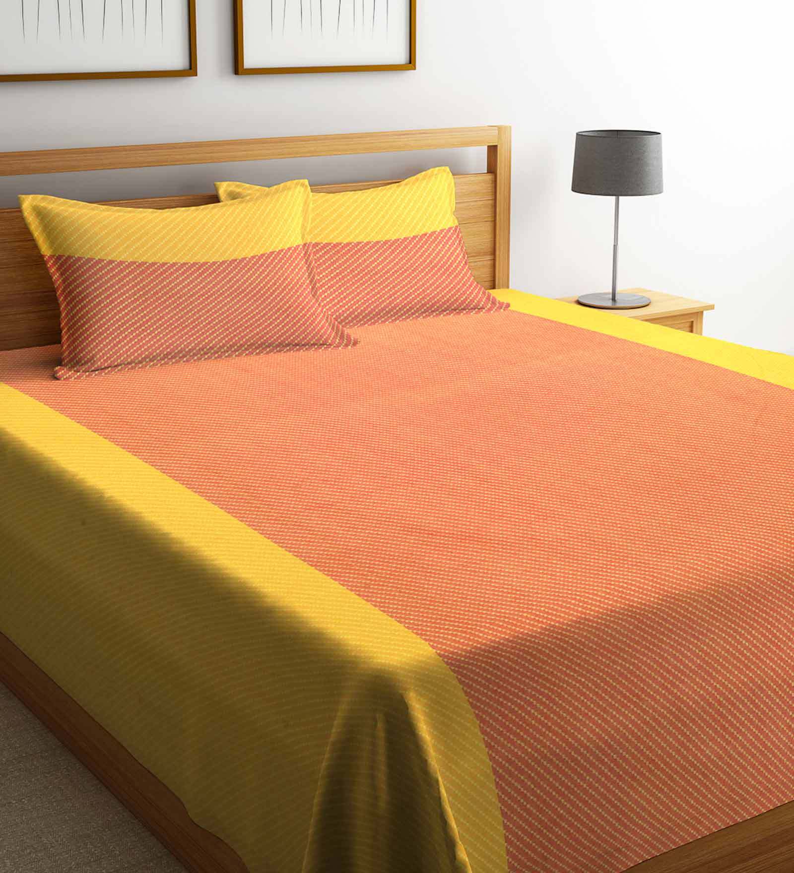 Orange Solid 300 TC Cotton Double Bed Cover with 2 Pillow Covers