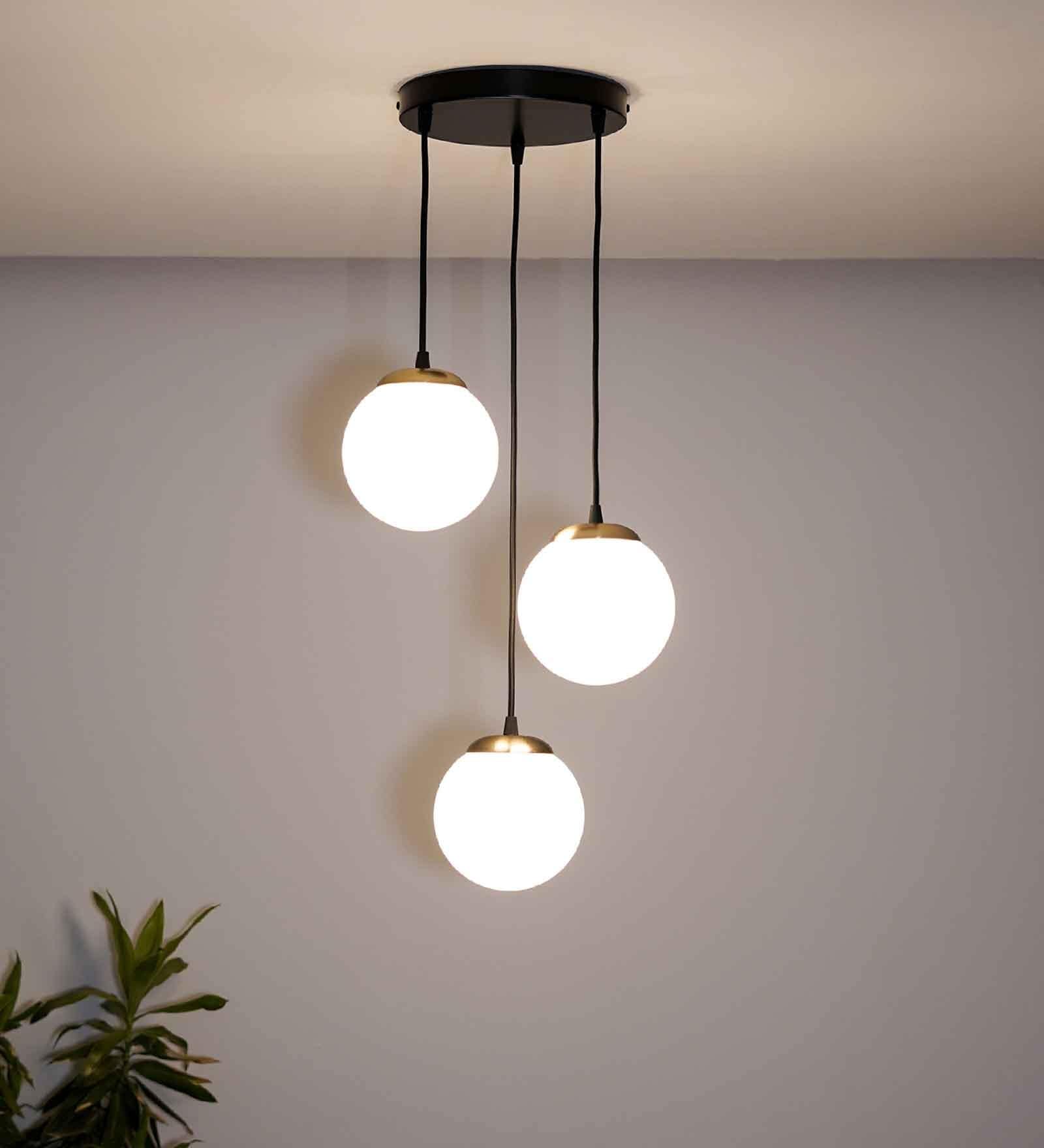 Orb 3 Light Cluster Round Ceiling Pendant With Frosted White & Shine Brass