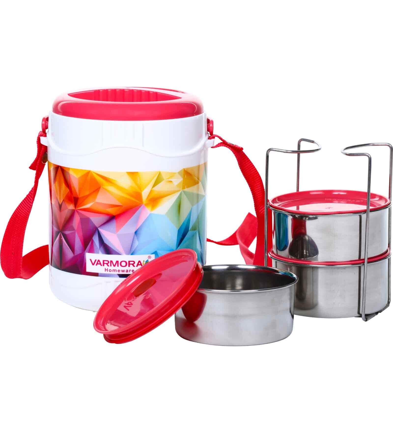 Varmora Orbit | Stainless Steel Lunch Box |Air- Tight Plastic Lid | PUF Exterior Insulation| 100% Food Grade & BPA-Free-230ml-3 pc- Pink