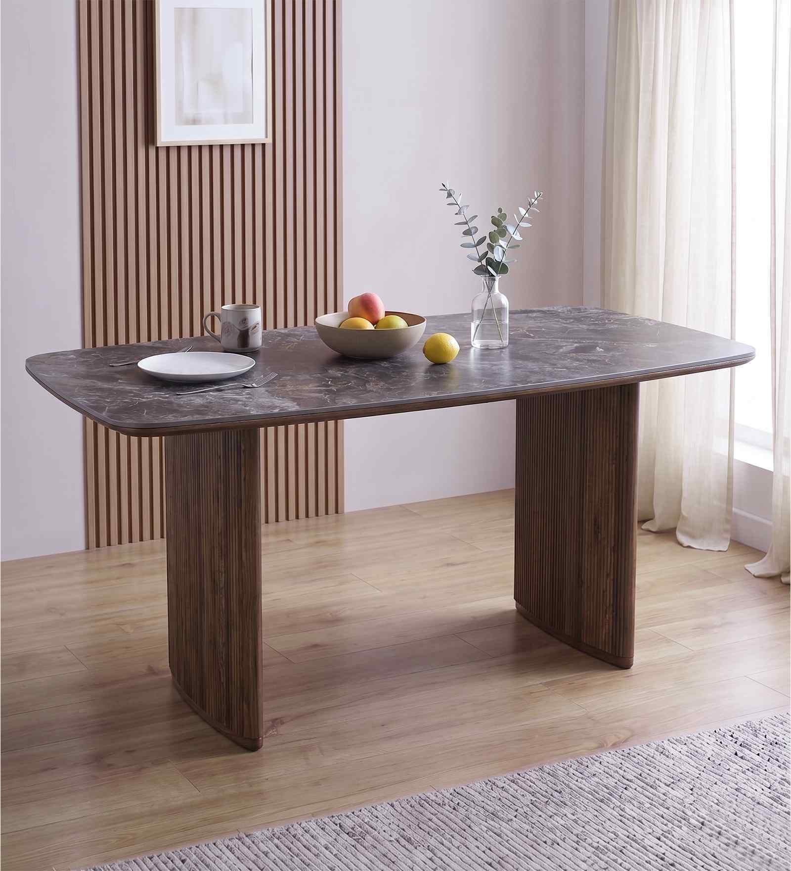 Oren Solid Rubber Wood 6 Seater Dining Table With Sintered Stone Marble Finish