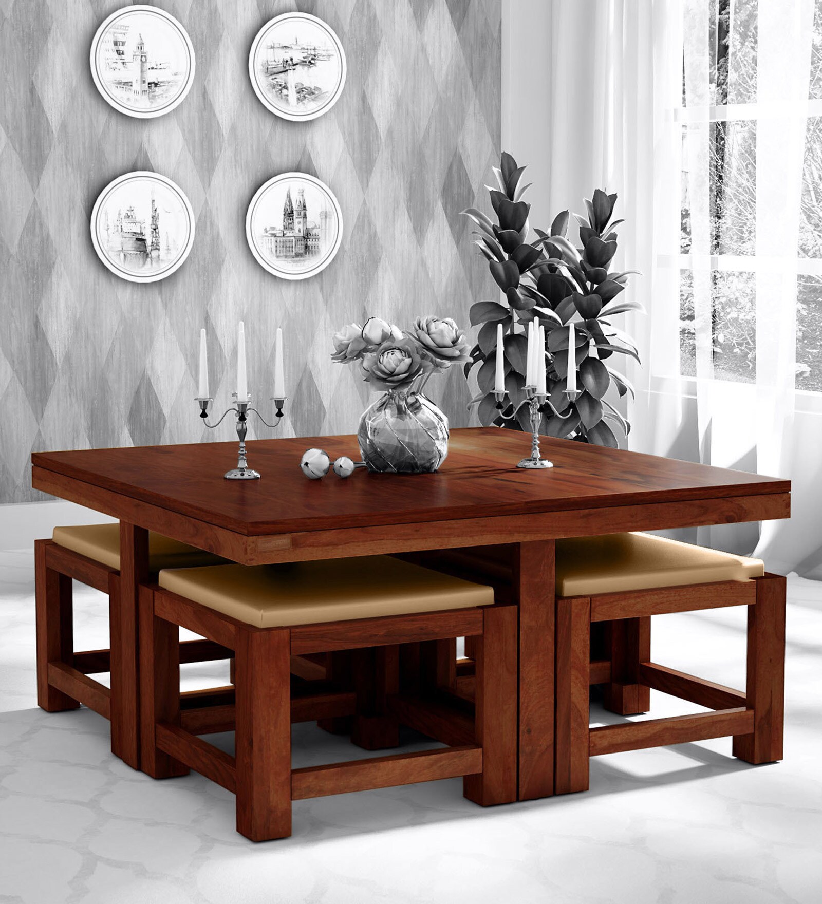 Oriel Sheesham Wood Nesting Coffee Table Set in Honey Oak Finish With Cushioned Stools