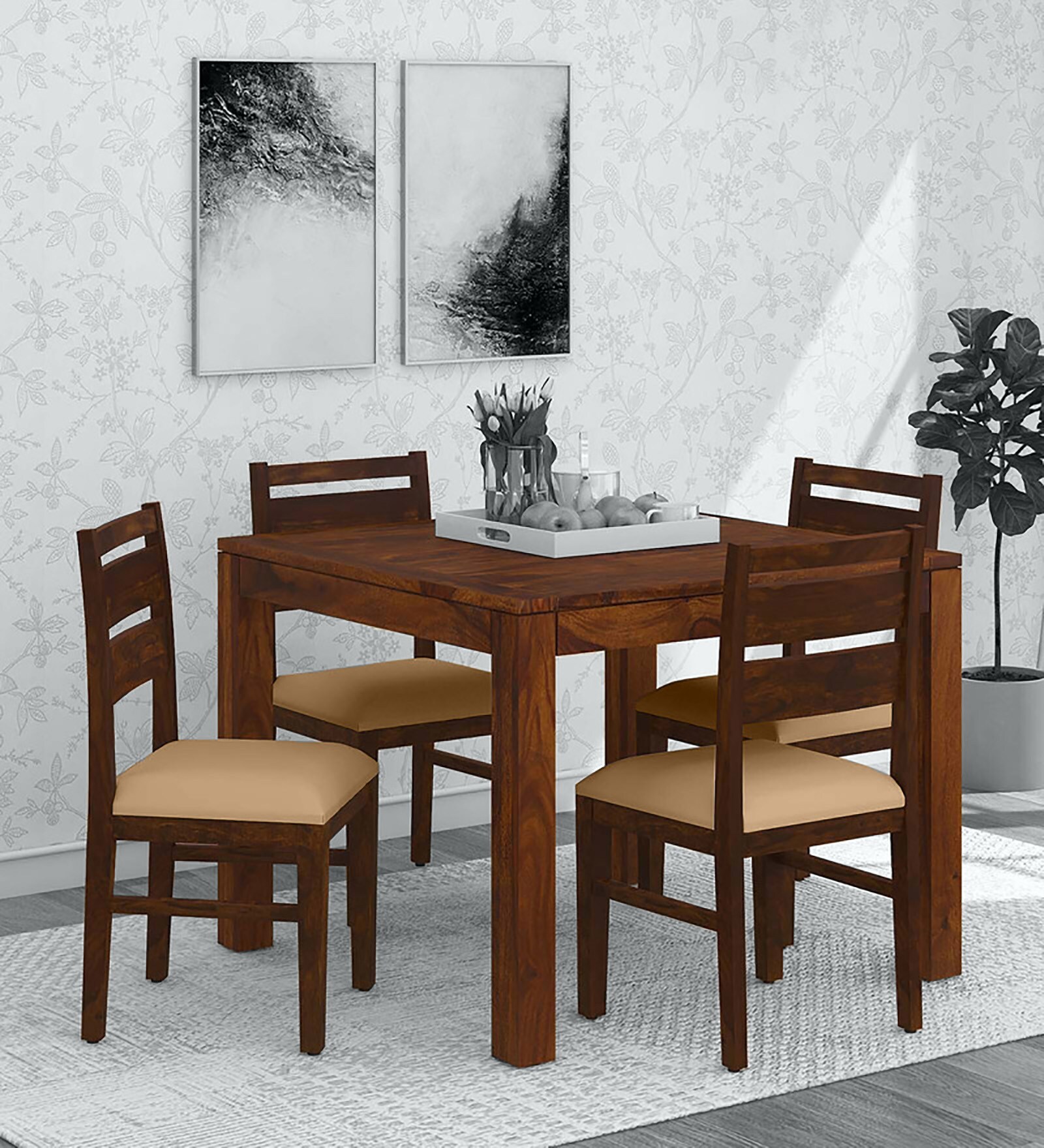 Oriel Sheesham Wood 4 Seater Dining Set with Cushioned Chairs in Provincial Teak Finish