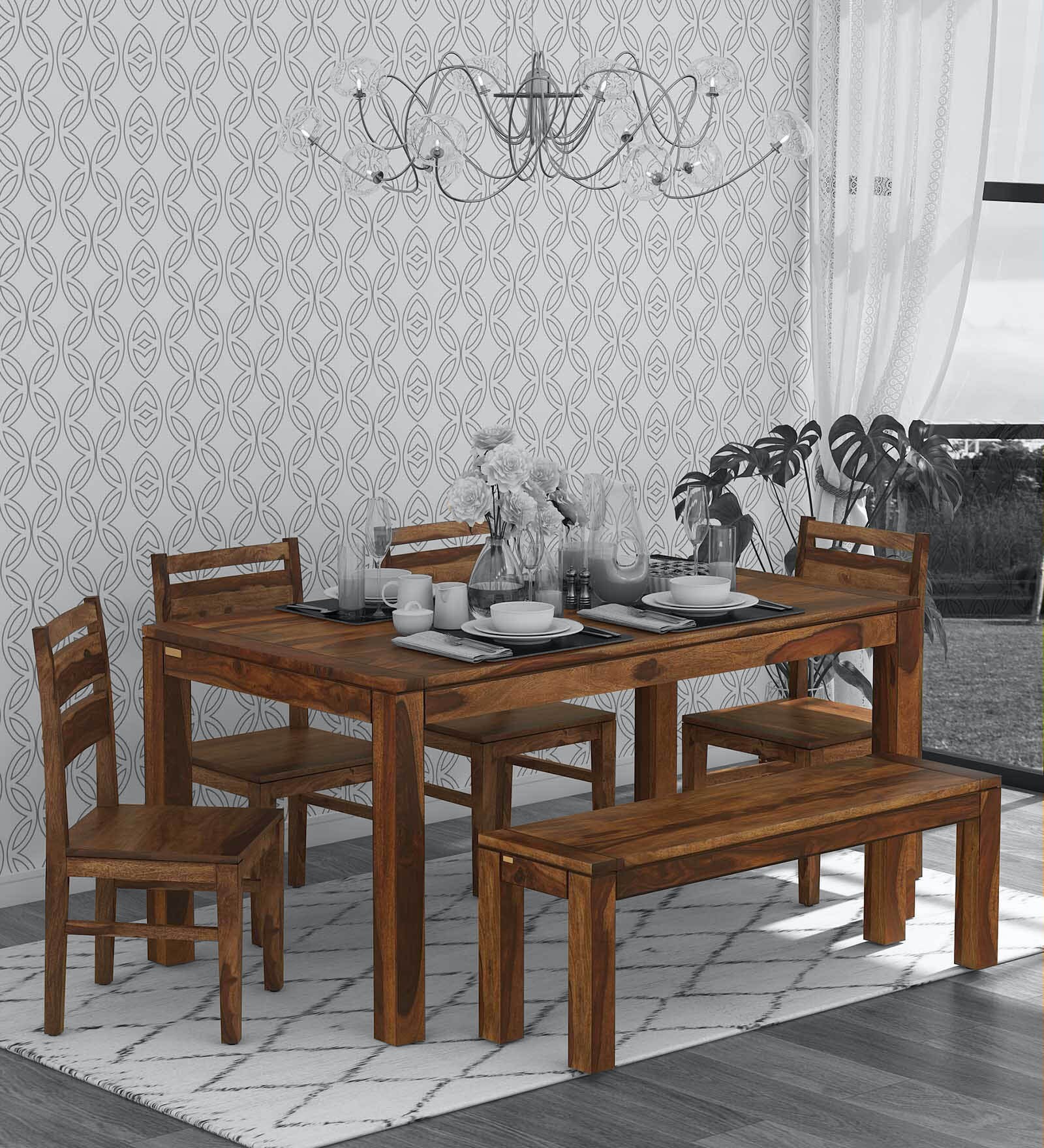 Buy Oriel Sheesham Wood 6 Seater Dining Set with Bench in Rustic Teak ...
