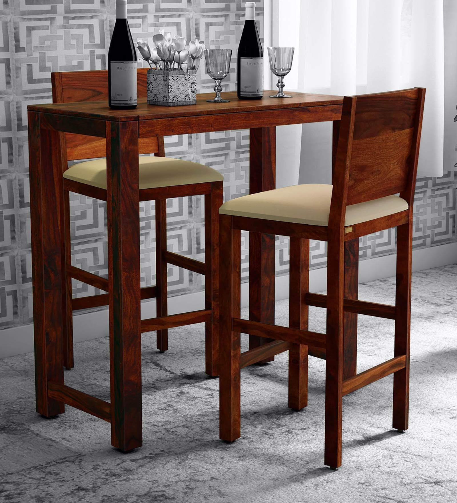 Oriel Sheesham Wood Bar Table Set in Honey Oak Finish With 2 Chairs