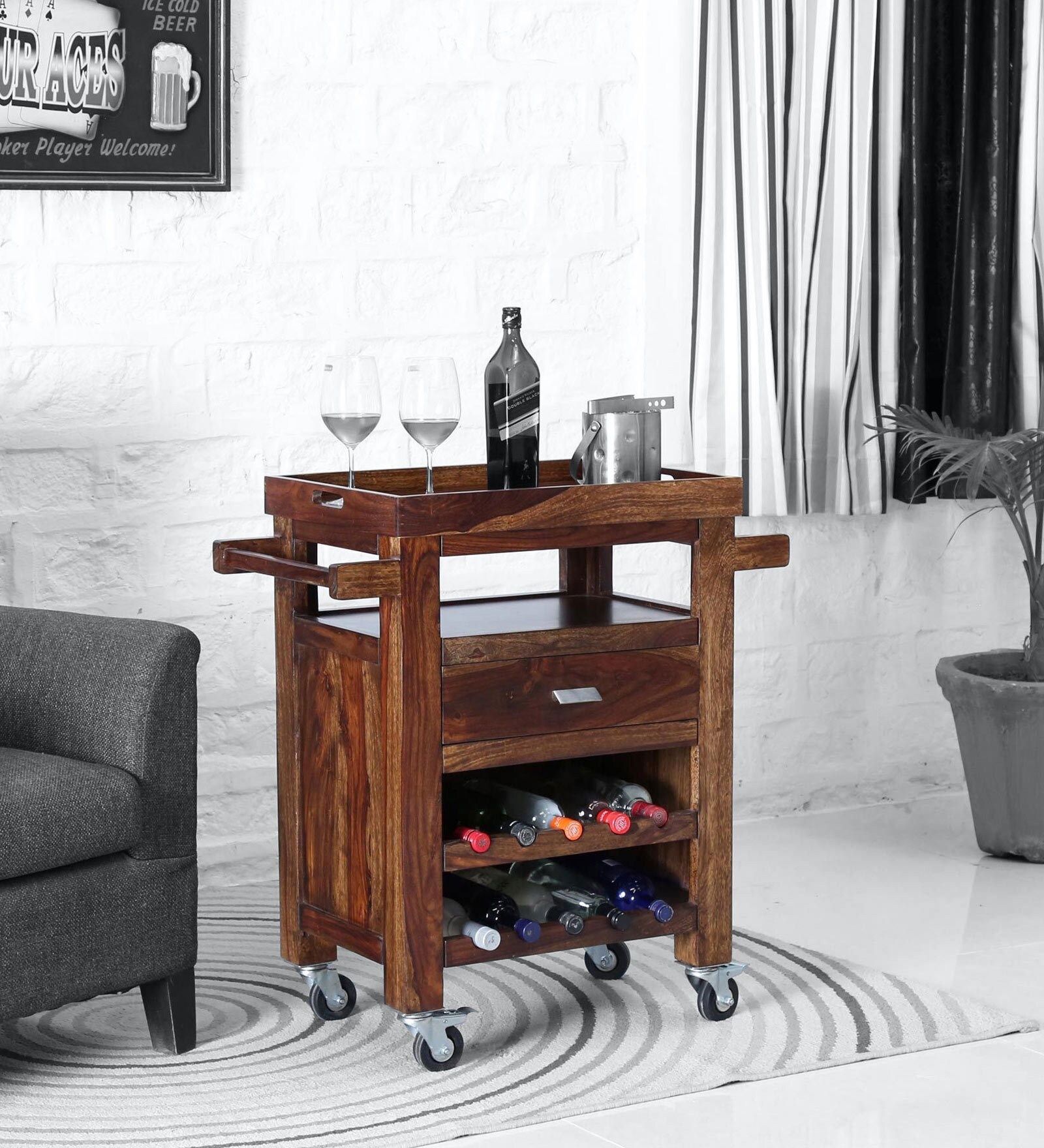 Buy Oriel Sheesham Wood Bar Trolley in Provincial Teak Finish at 1 OFF