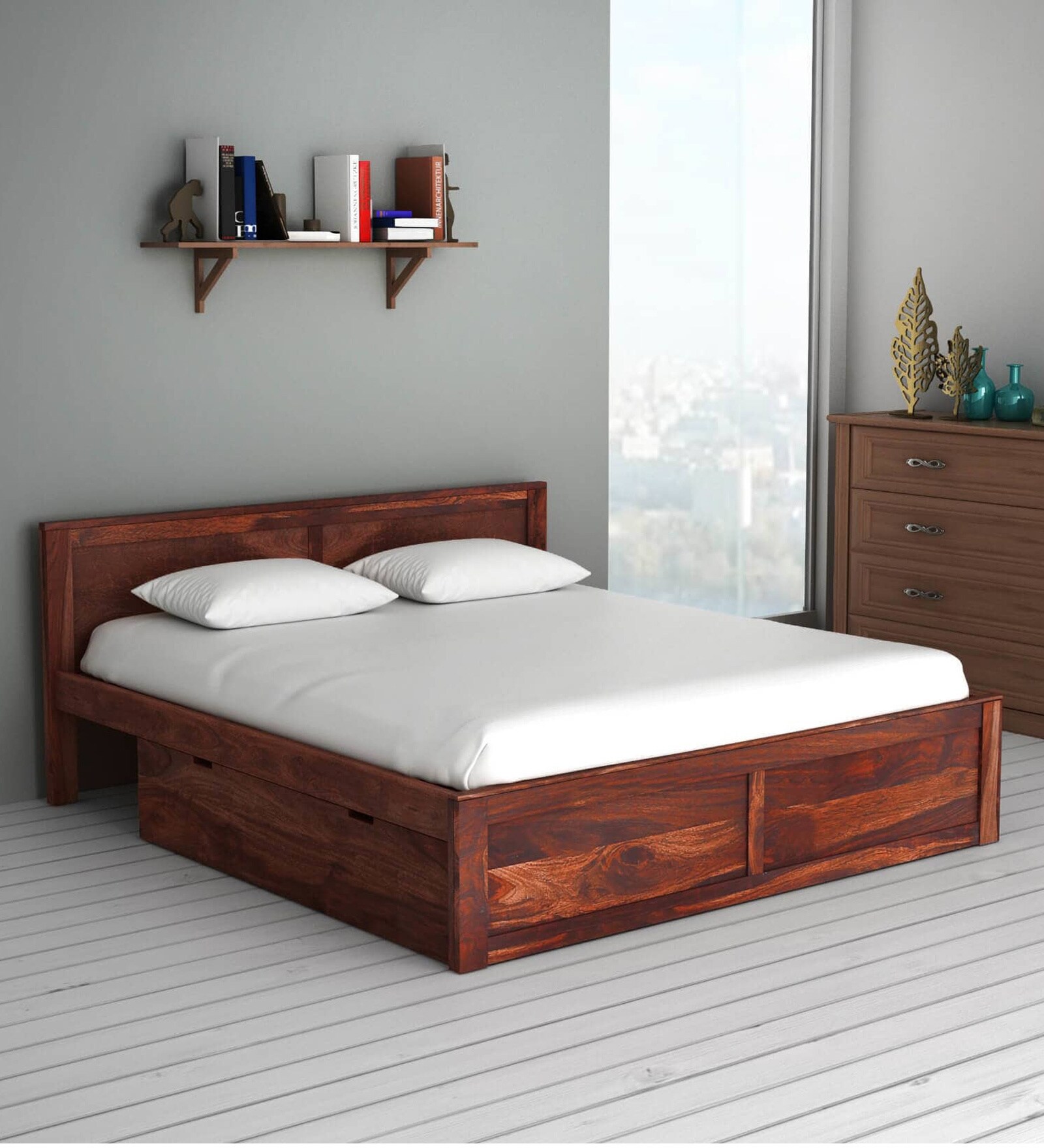 Oriel Solid Wood King Size Bed With Two Drawer Storage In Honey Oak Finish