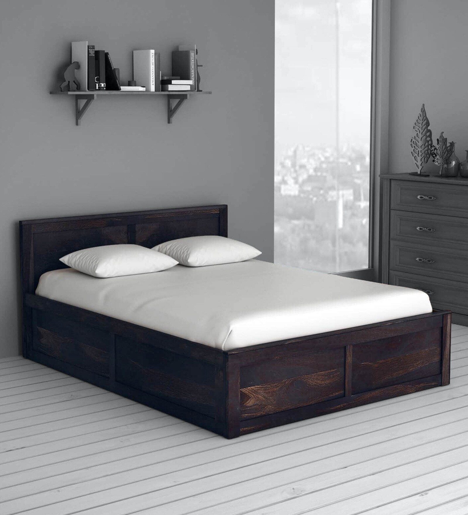 Oriel Sheesham Wood Queen Size Bed With Box Storage In Warm Chestnut Finish