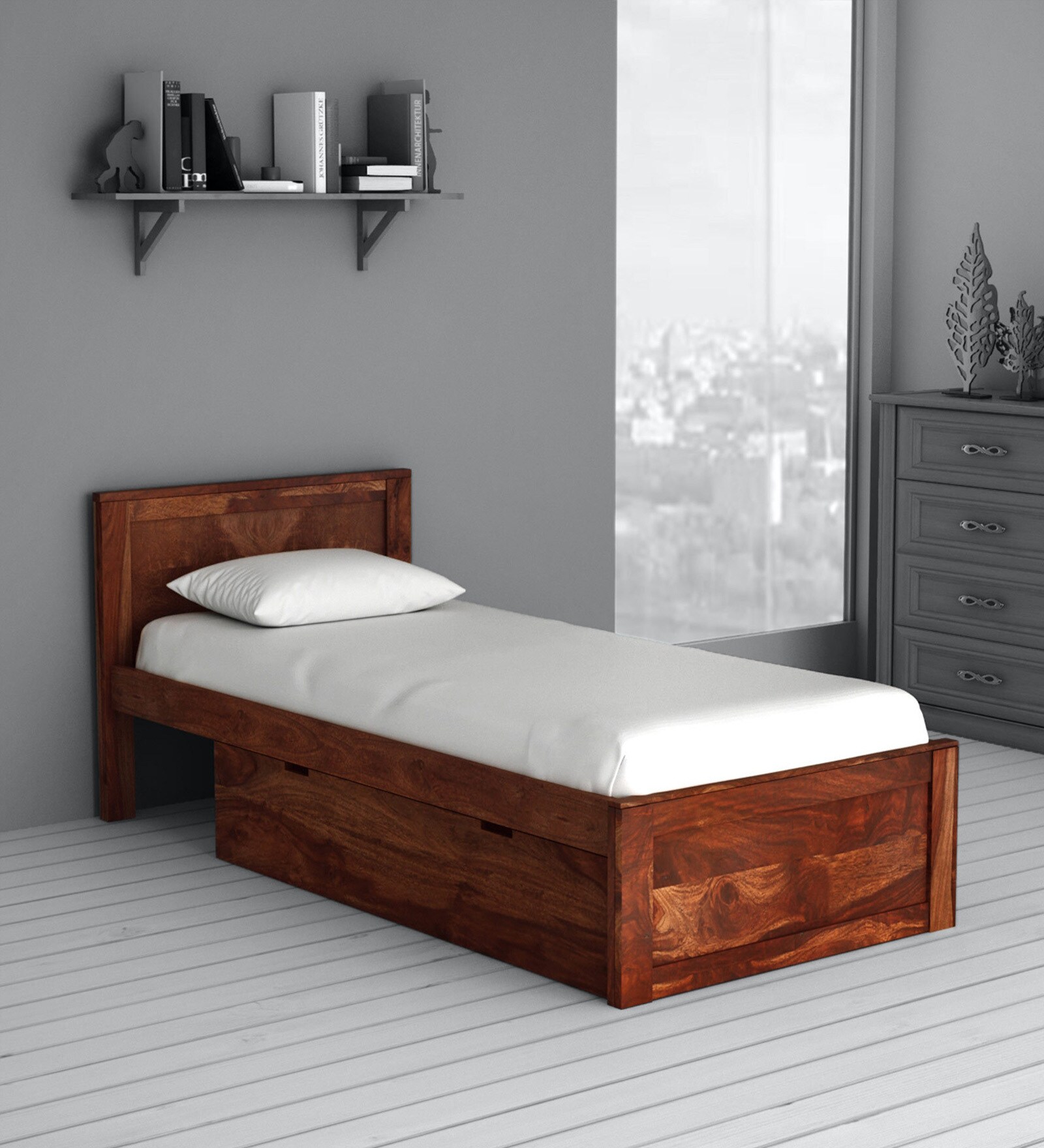 Buy Oriel Solid Wood Single Bed with Storage in Honey oak Finish