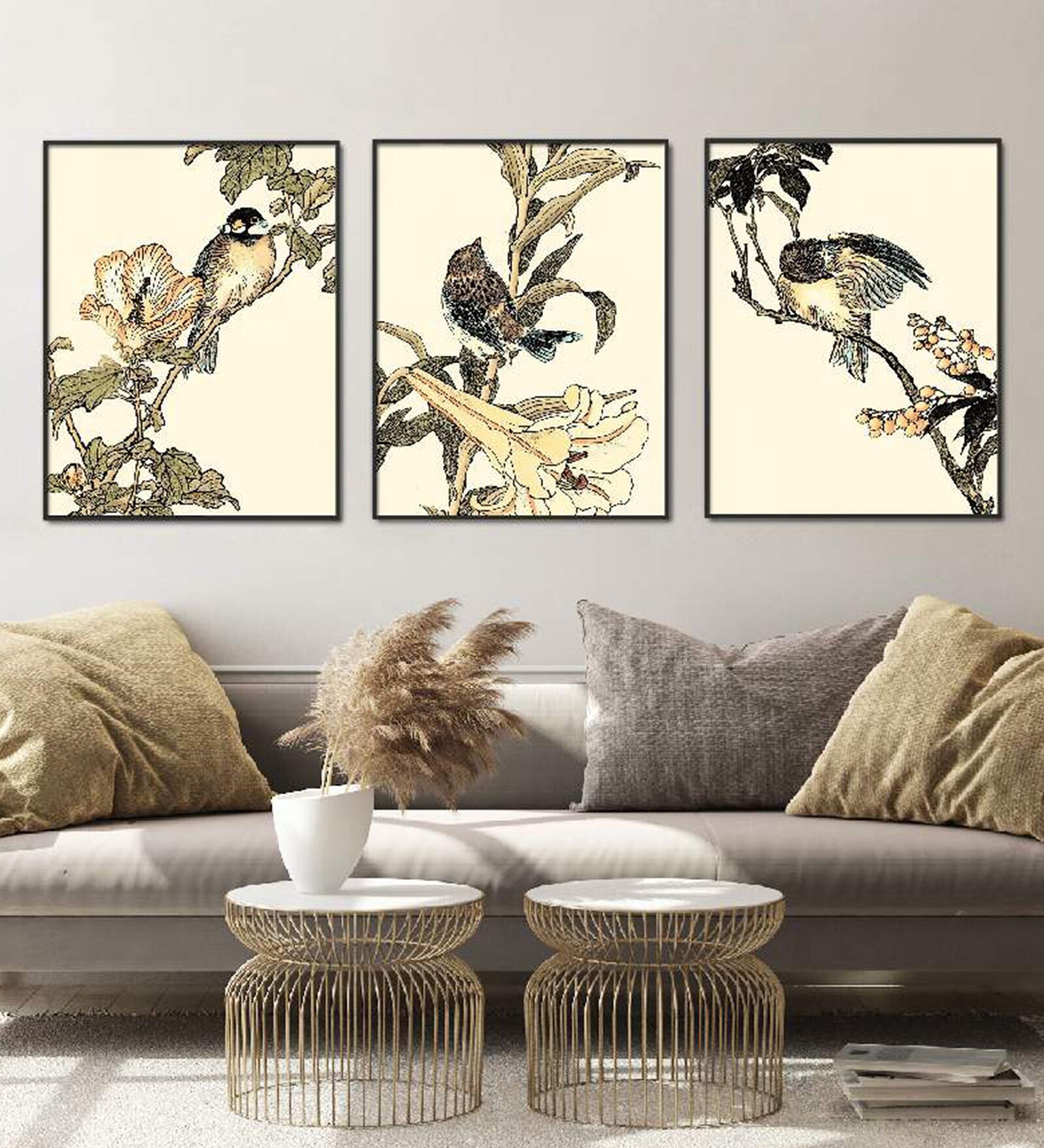 Oriental Bird Multicolor Canvas Framed Wildlife Art Panels Set of 3