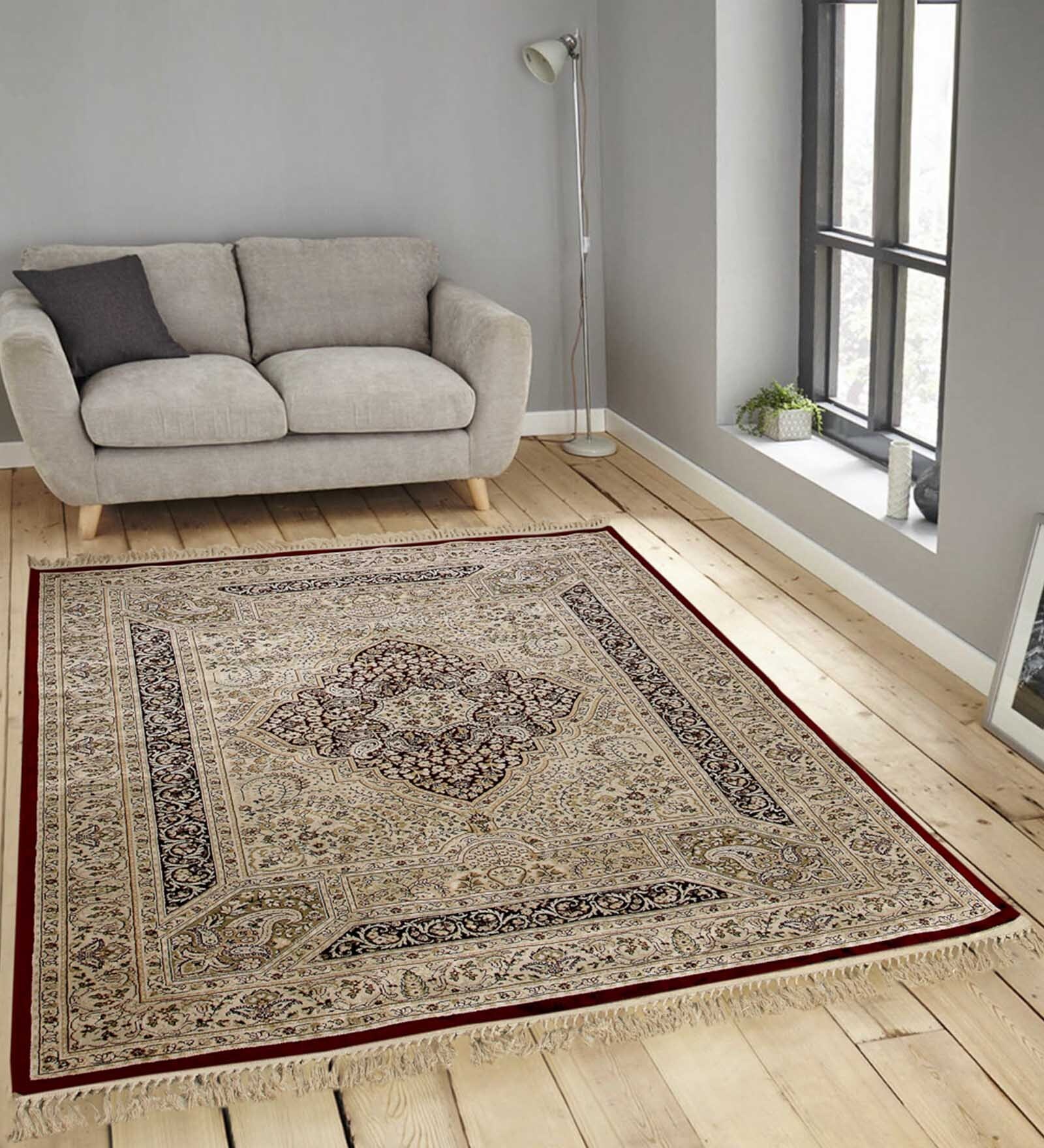 Beige Persian Viscose 4 ft x 6 ft Machine Made Carpet